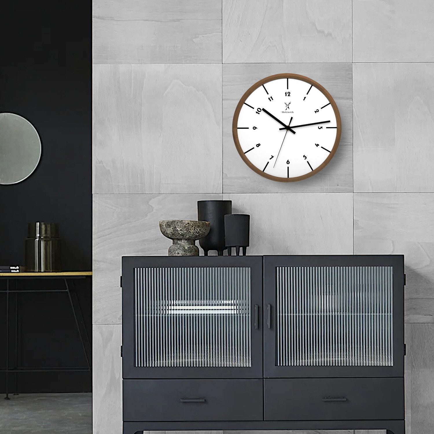 Holzwerk Wanduhr moderne Designer Quarz Holz Wand Uhr, braun, weiß (Nahezu lautloses Uhrwerk, analog, 32 cm)