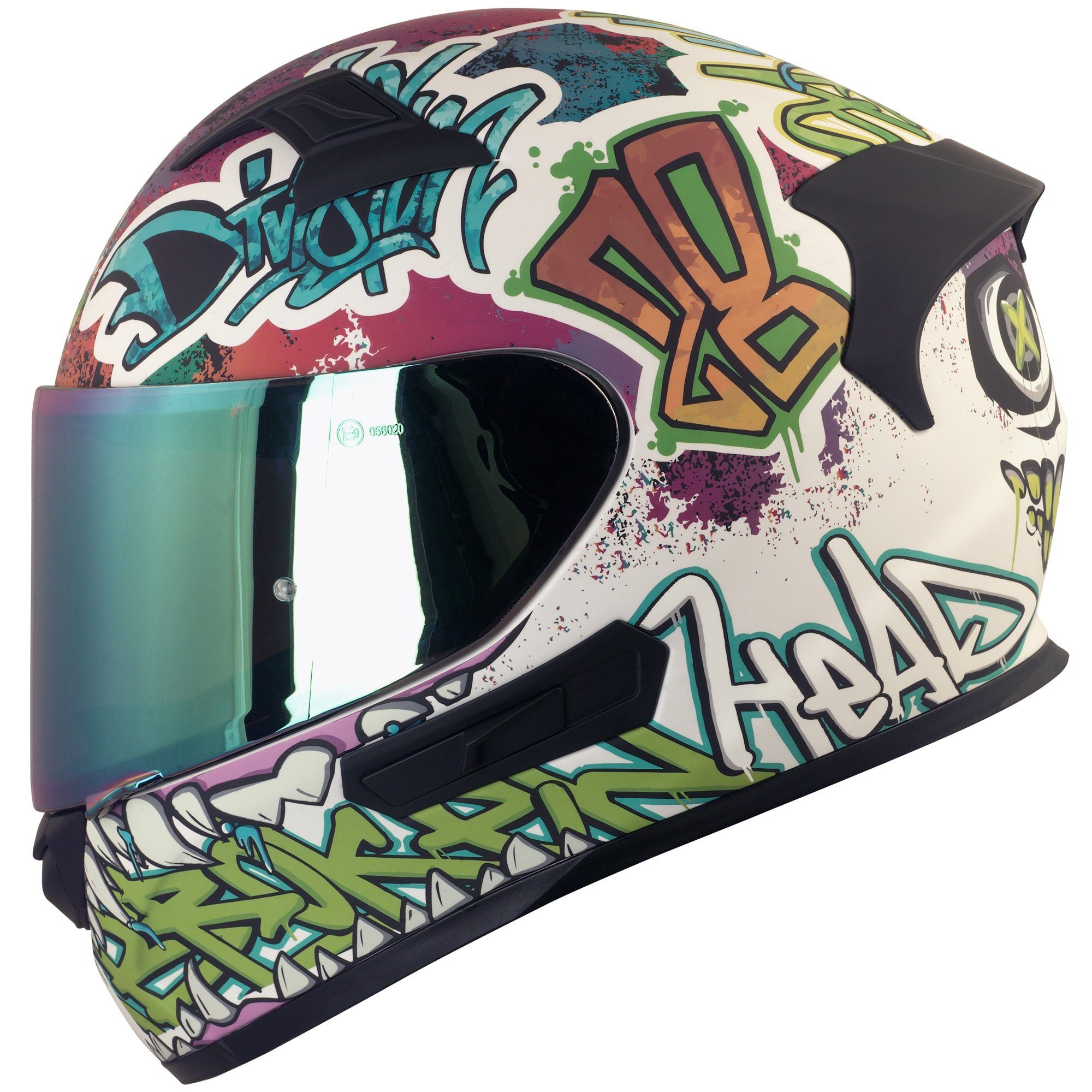 Broken Head Motorradhelm Broken Head Integralhelm InYourFace Weiss Matt + Iridium Visier (Mit Iridium Visier), Einzigartiger Graffiti-Look