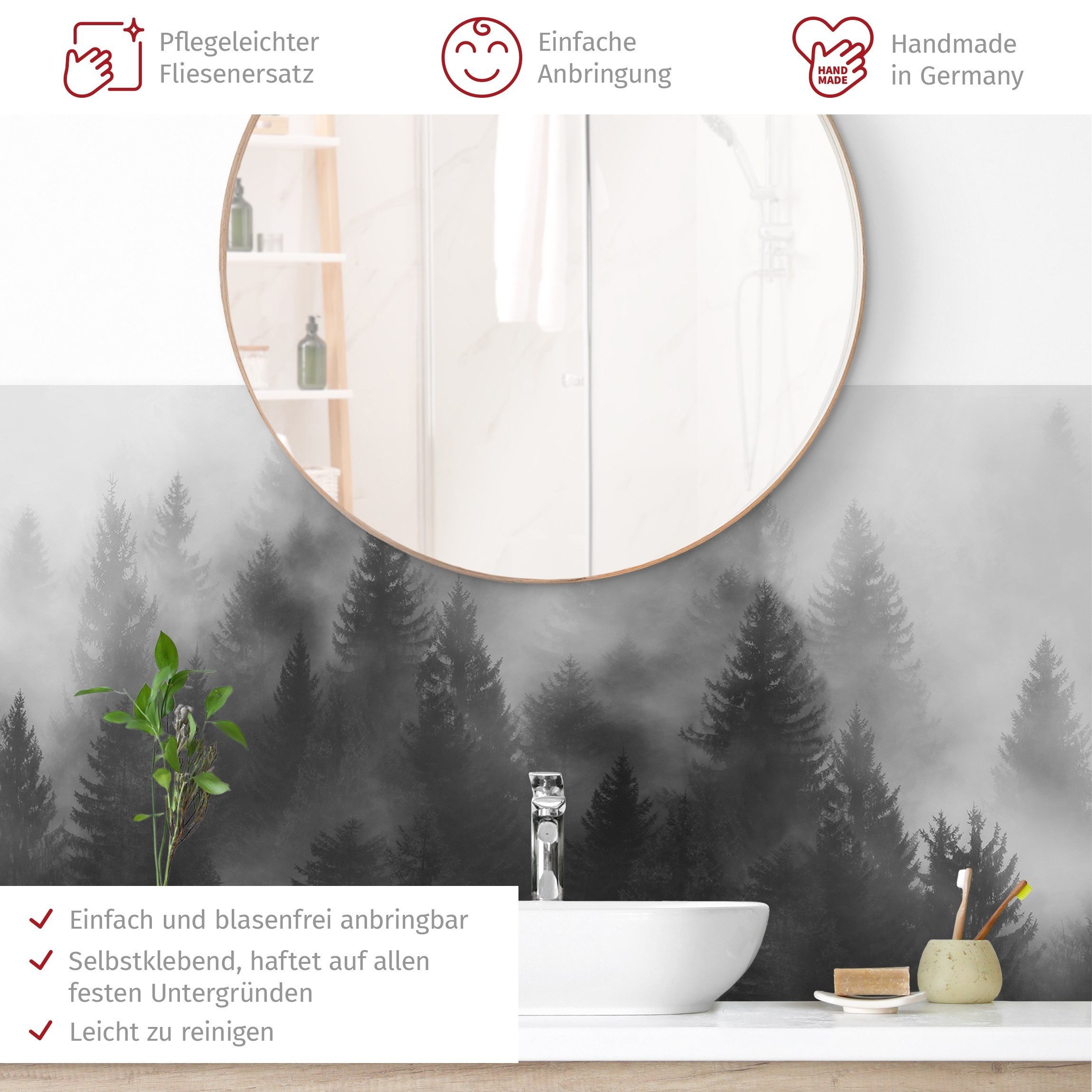 Bilderdepot24 Badrückwand schwarz weiss fugenlose Wandverkleidung Bad mit Motiv, (Hartfolie matt » Selbstklebend SMART 0,35 mm), wasserfestes Wandpaneel Nadelwald Nebel Schwarz Weiß