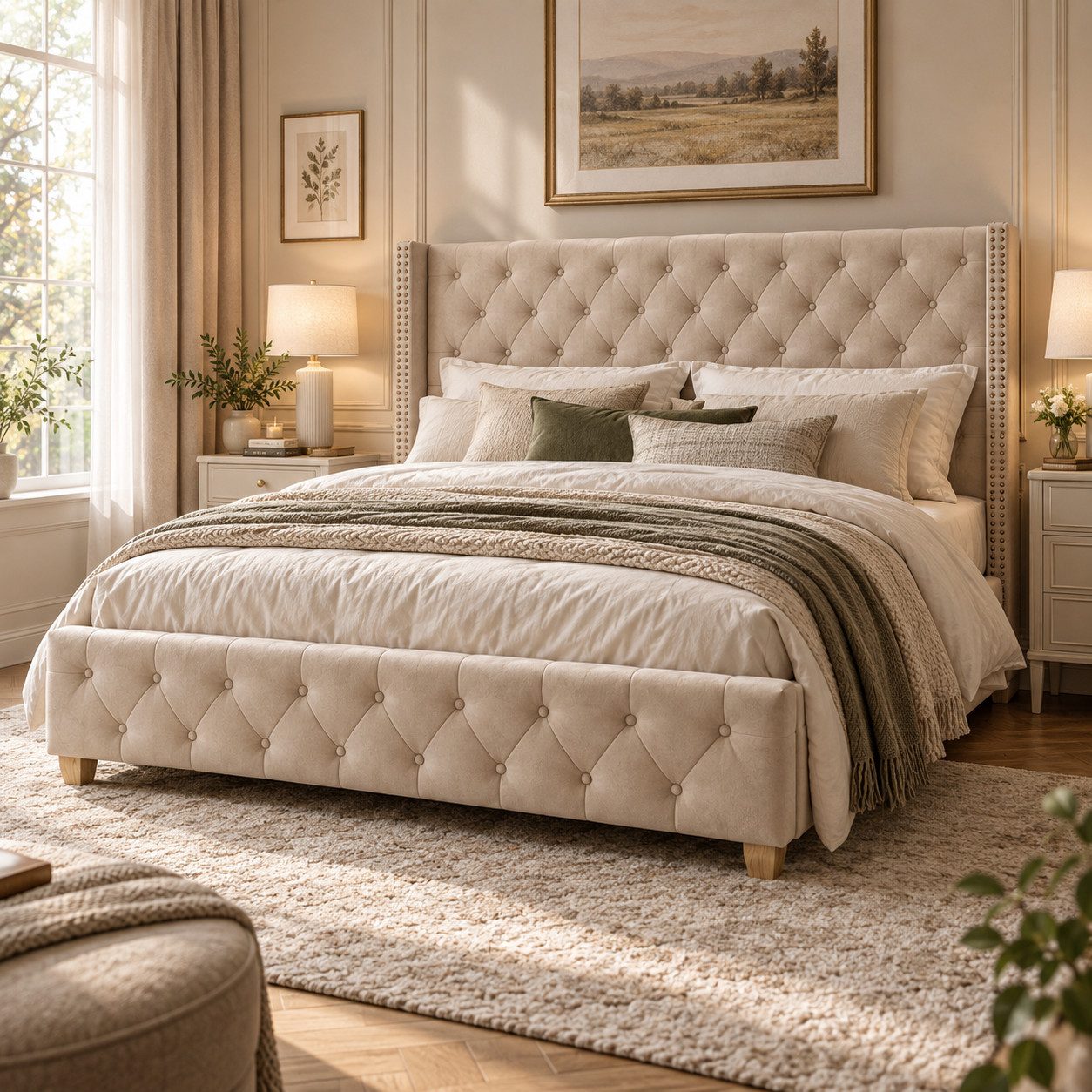 WLIVE Polsterbett Doppelbett mit Samtbezug, Lattenrost und hohem Kopfteil, (160 × 200 cm), Chesterfield-Design mit Knopfheftung und Ziernieten, Beige/Garu