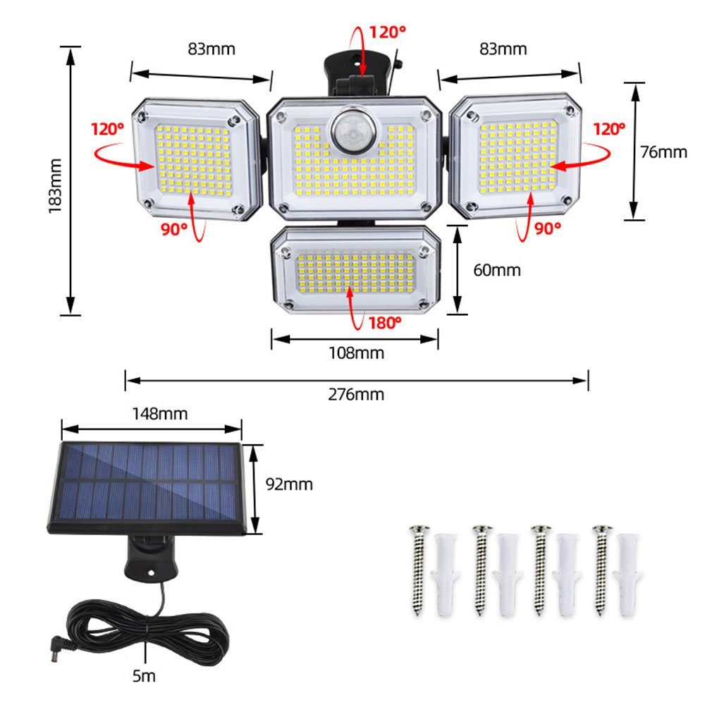 280 LED Solar Flutlicht – 3 Verstellbare Köpfe, Bewegungsmelder, IP65 Wasserdicht Für Garten & Hof