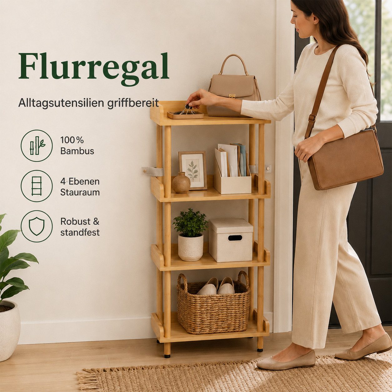 Yorbay Ablageregal Bambusregal 4 Ebenen Werkzeuglose Montage Stabil 80 kg Belastbar, Set, 40x30x110cm Natürliches Design für Wohnzimmer Küchen und Badezimmer