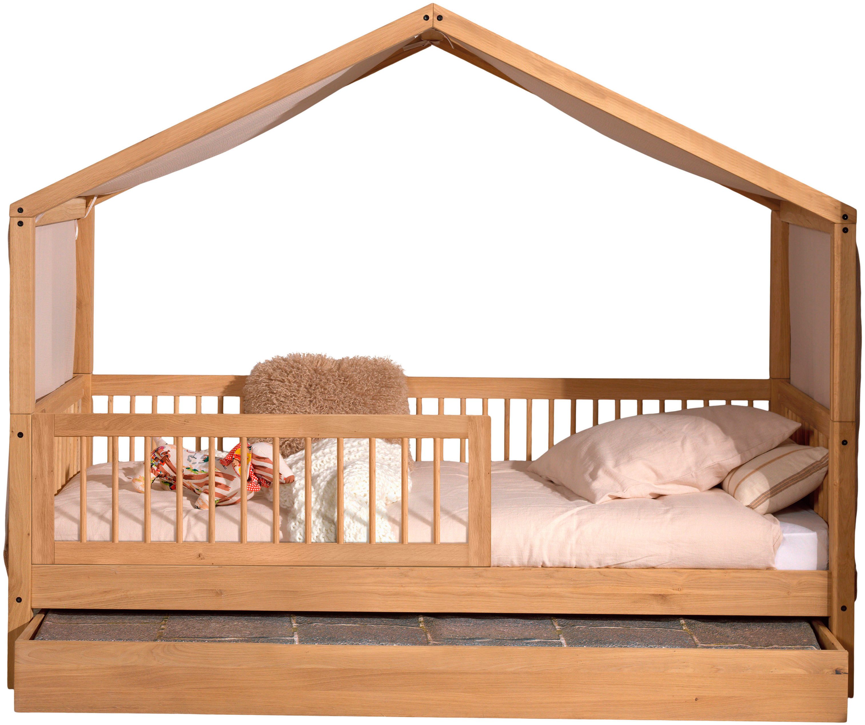 Home affaire Hausbett Forrest mit Dachaufbau, Rausfallschutz vorne und Textilhimmel, aus massiver Eiche geölt 90/200, wahlweise mit u. ohne Bettschublade