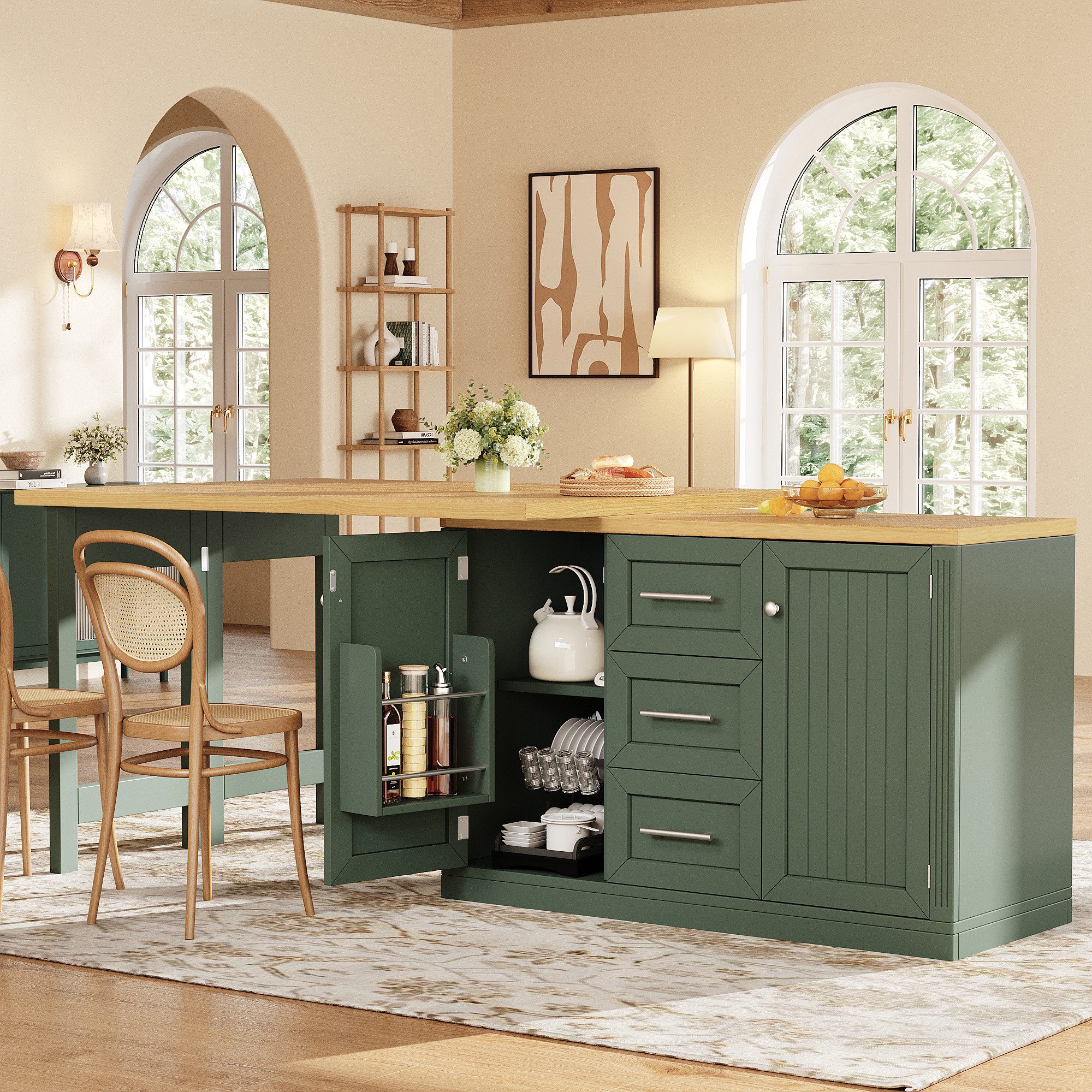 Celya Kücheninsel mit ausziehbarer Esstischplatte,wandelbare Theke, (Snackregal, Magnetverschluss und große Schubladen, modernes Design), Ideal für für Küche, Essbereich oder offene Wohnräume