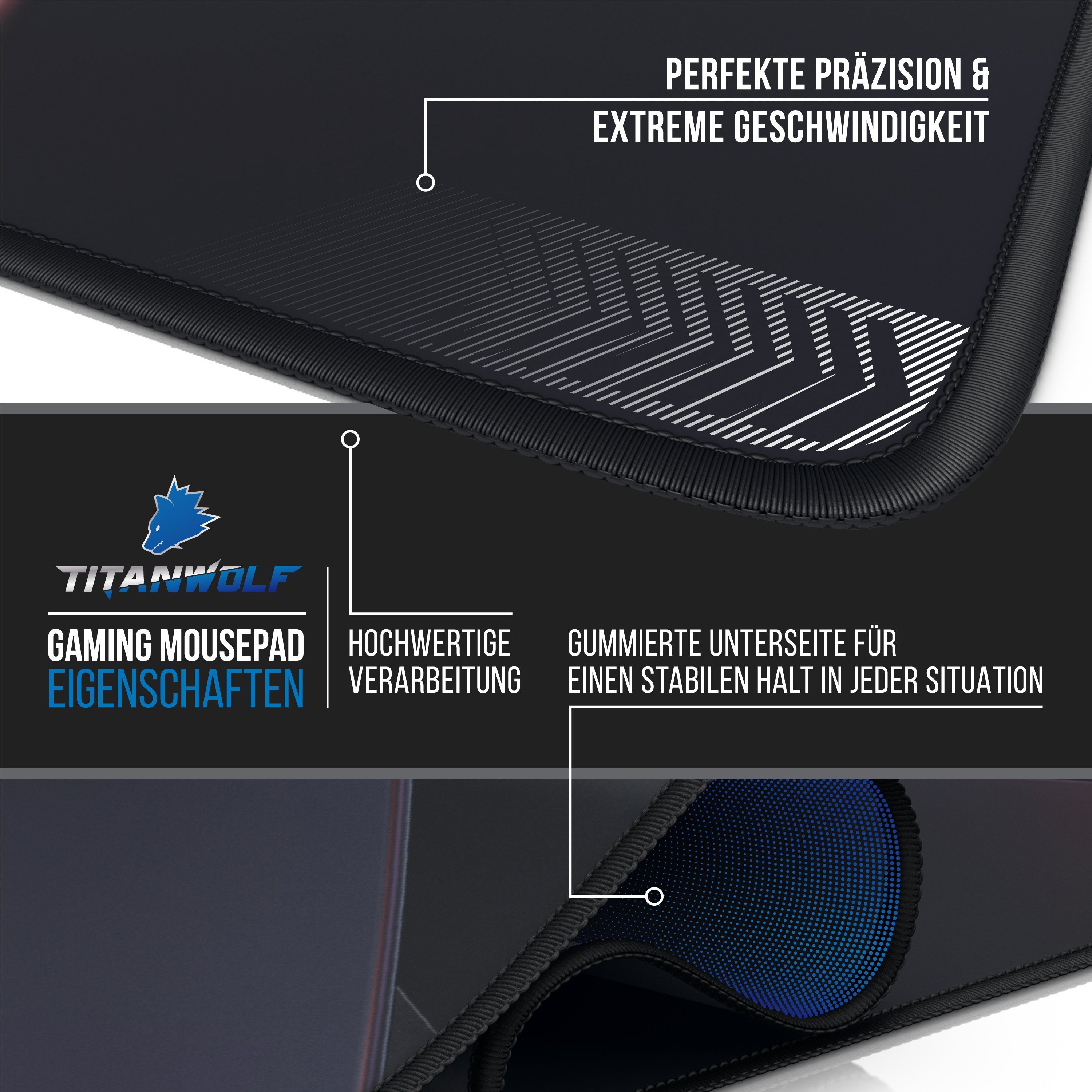 Titanwolf Gaming Mauspad XXL Speed Mousepad 900 x 400 x 3 mm, große Tischunterlage, rutschfest, abwaschbar, Geschwindigkeit & Präzision, X Motiv