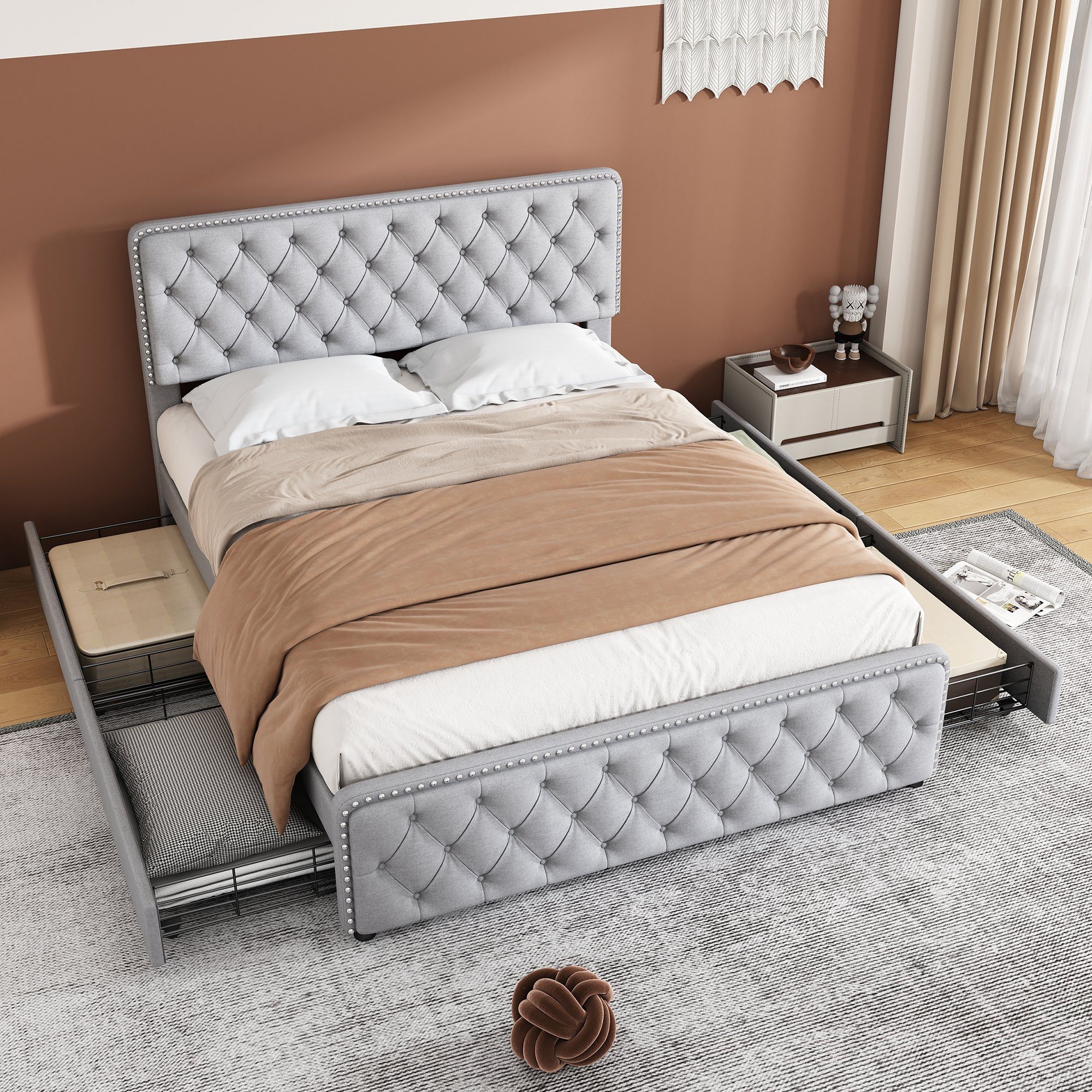 REDOM Polsterbett Doppelbett (Höhenverstellbares Kopfteil), 160 X 200 cm,ohne-Matratze,mit vier Schubladen