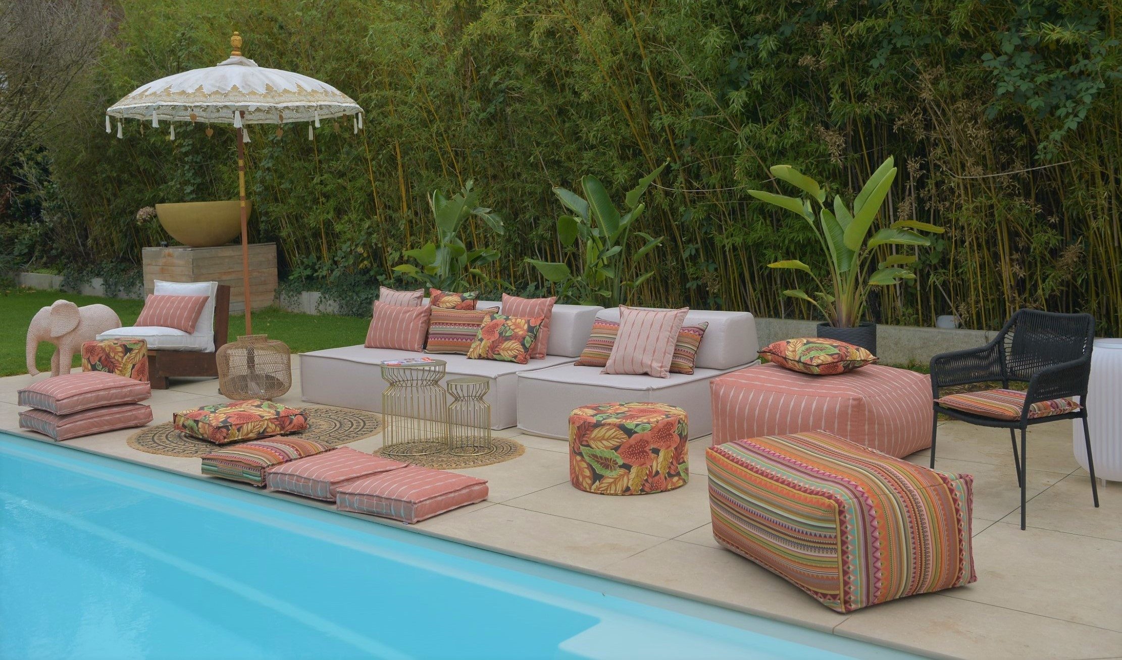 H.O.C.K. Sitzhocker H.O.C.K. Berto Outdoor Pouf Hocker rund mit Keder ø45x45cm terra boho, Hocker, Sitzhocker, Pouf Hocker, Barhocker - wetterfest, vielseitig