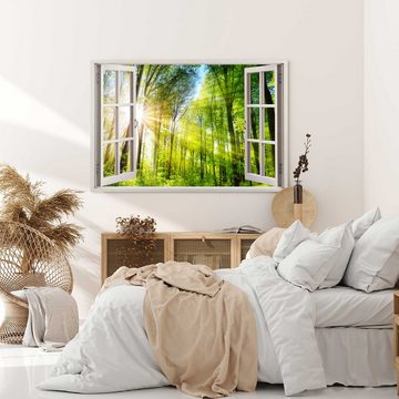 Sinus Art Leinwandbild Wandbild 120x80cm Fensterbild Grüner Wald Baumkronen Bäume Sonnenstrah, (1 St)