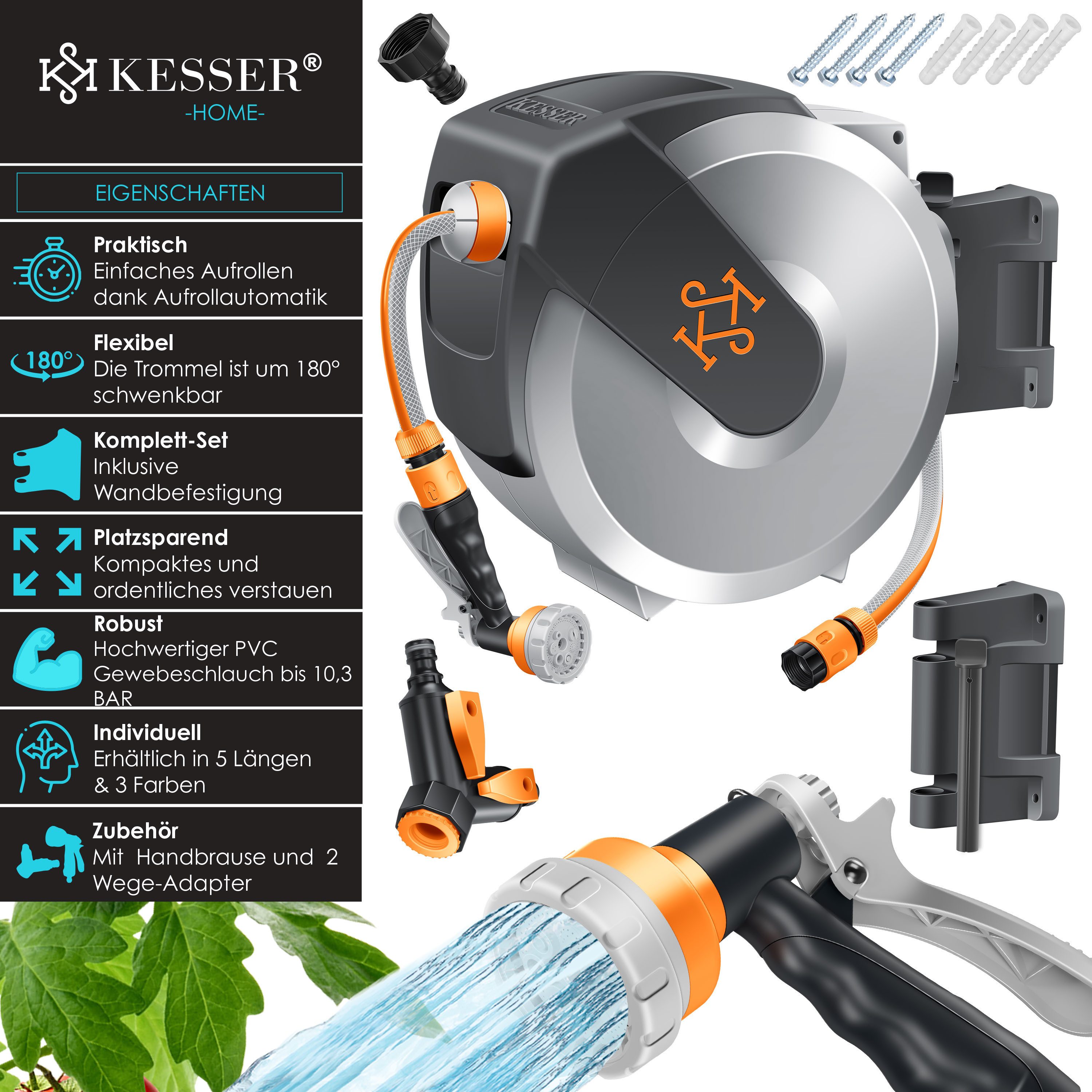 KESSER Gartenschlauch Wasserschlauchtrommel 180° schwenkbar & automatische Aufrollung, (Inklusive ergonomischer 7-Funktionen-Power-Handbrause), Schlauchtrommel mit Gartenschlauch zur Wandmontage Wand-Schlauchbox