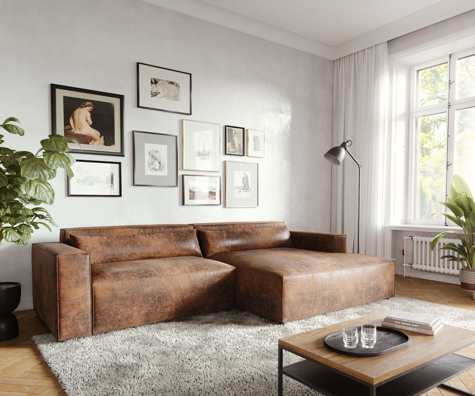DELIFE Ecksofa Brom, Lederimitat Braun 270x150 günstig online kaufen