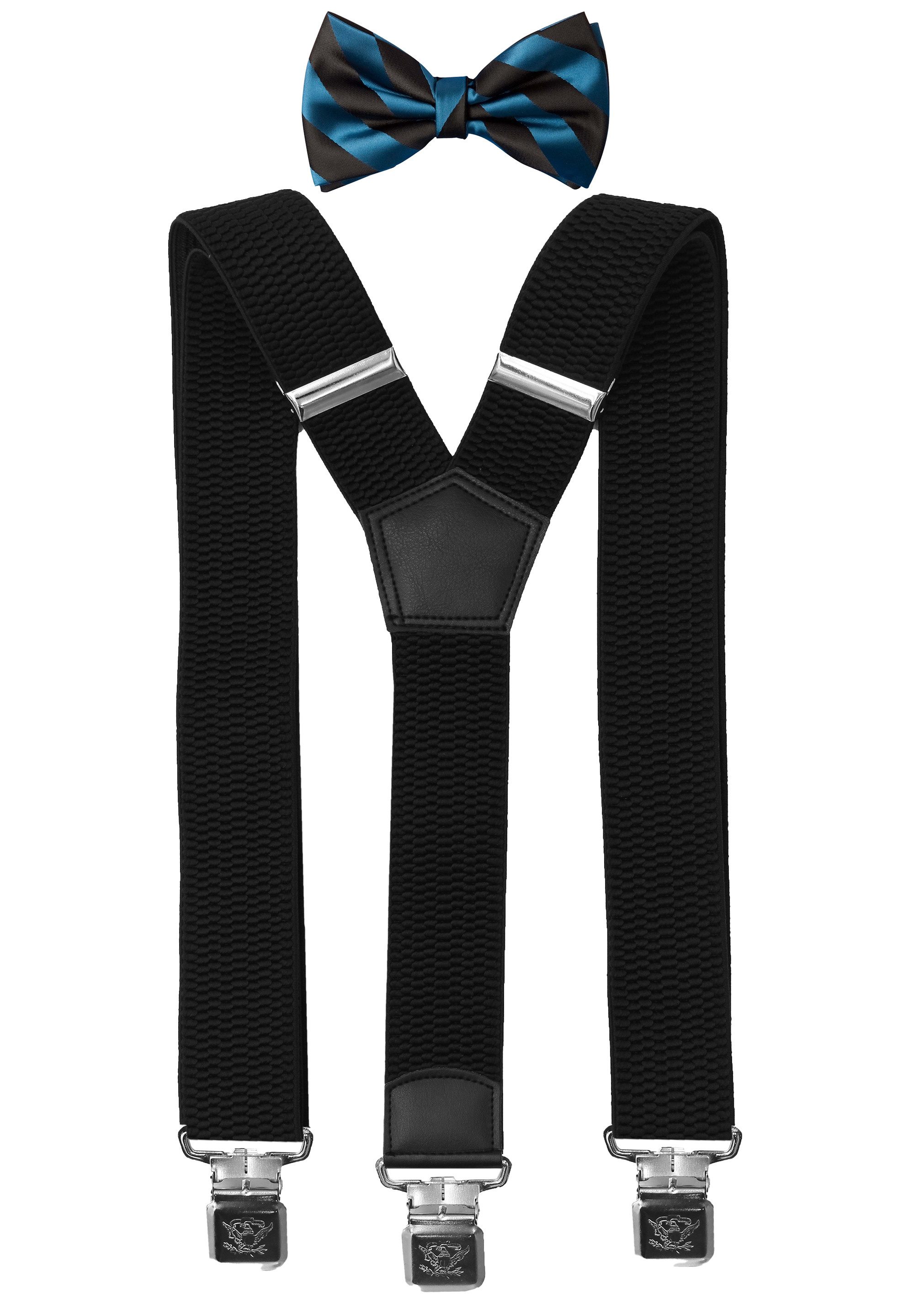 Fabio Farini Hosenträger mit passender Fliege als Set 4cm Y-Form für Herren Pack Schwarz 4cm Hosenträger - Schwarz/Blau Gestreifter Fliege