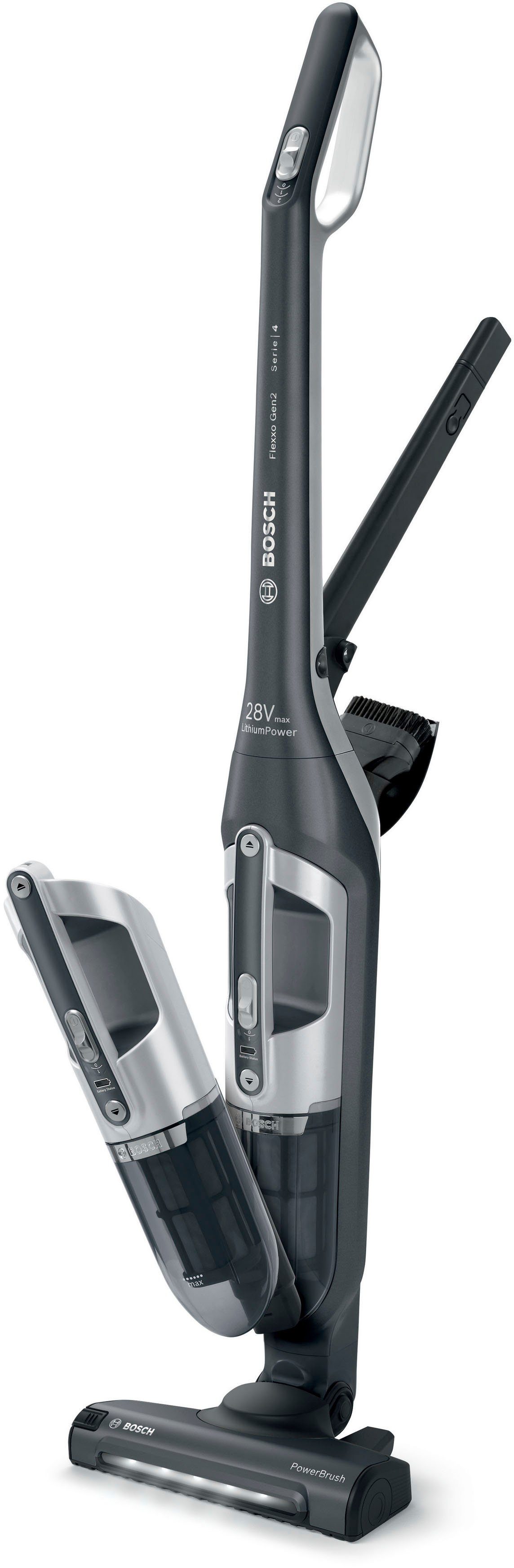 BOSCH Akku-Hand-und Stielstaubsauger Flexxo Gen 2 Serie 4 BBH3P280, beutellos, 28 V, Power Düse mit LED, integriertes Zubehör