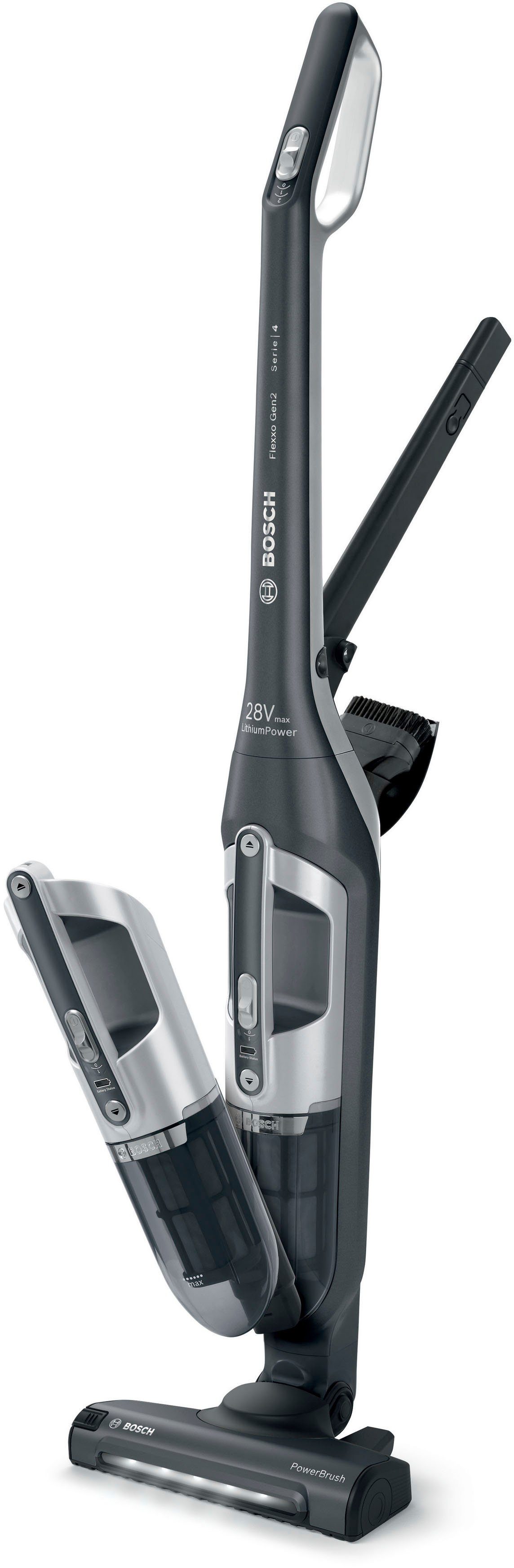 BOSCH Akku-Hand-und Stielstaubsauger Flexxo Gen 2 Serie 4 BBH3P280,  beutellos, 28 V, Power Düse mit LED, integriertes Zubehör