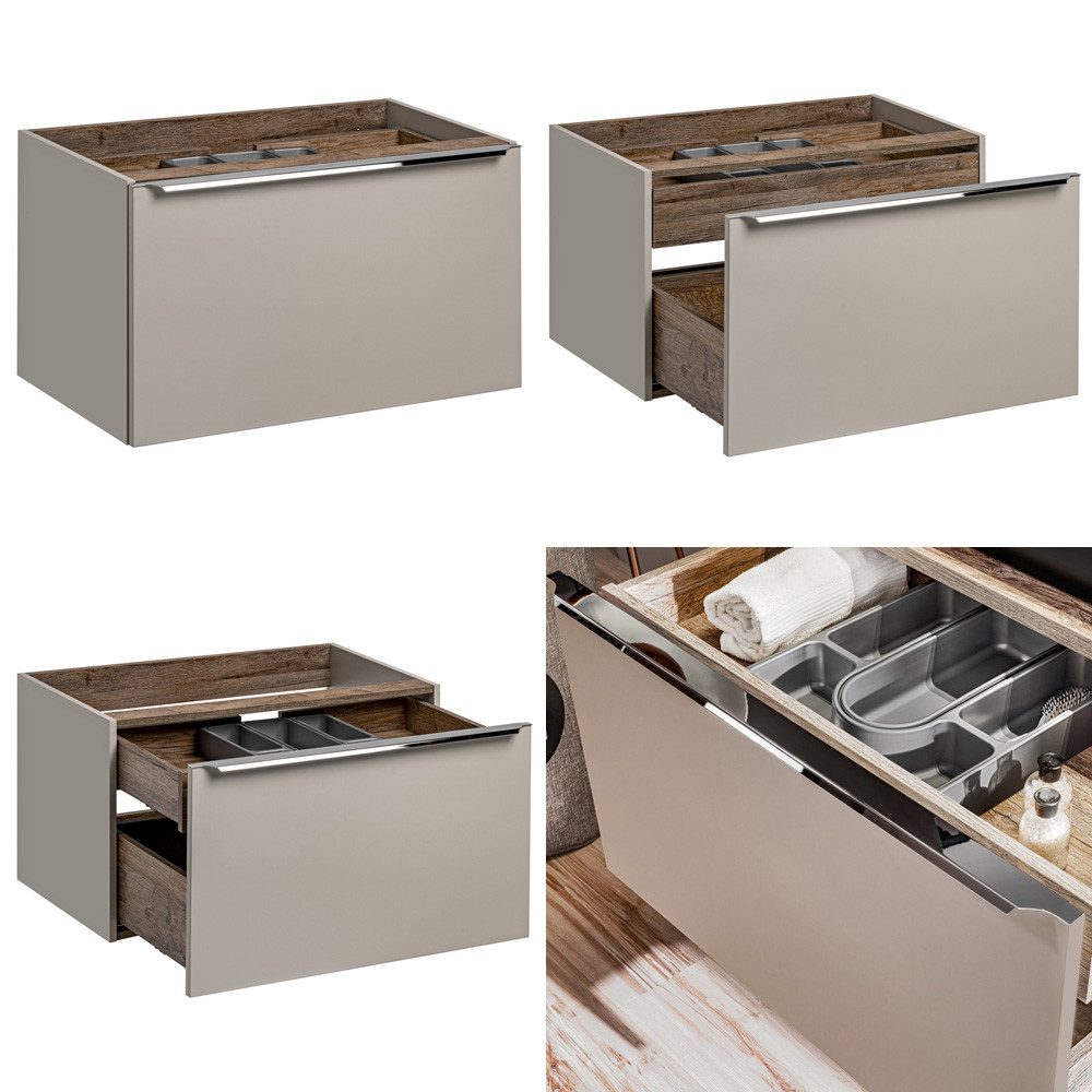 Lomadox bathroom furniture set PUEBLA-56-TAUPE (value set, 12 pieces), mirror cabinet, vanity unit, sink, tall cabinet, taupe vintage oak