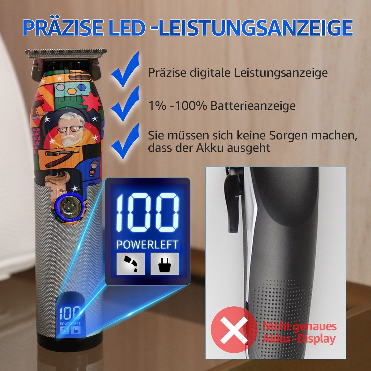 2 LED rpm, 7000 Comic-Kunst Profi LifeImpree - Bartschneider Haarschneidemaschine, Haarschneider Herren, Wasserdicht, Display, 6500 mAh 1200 Einstellungen: