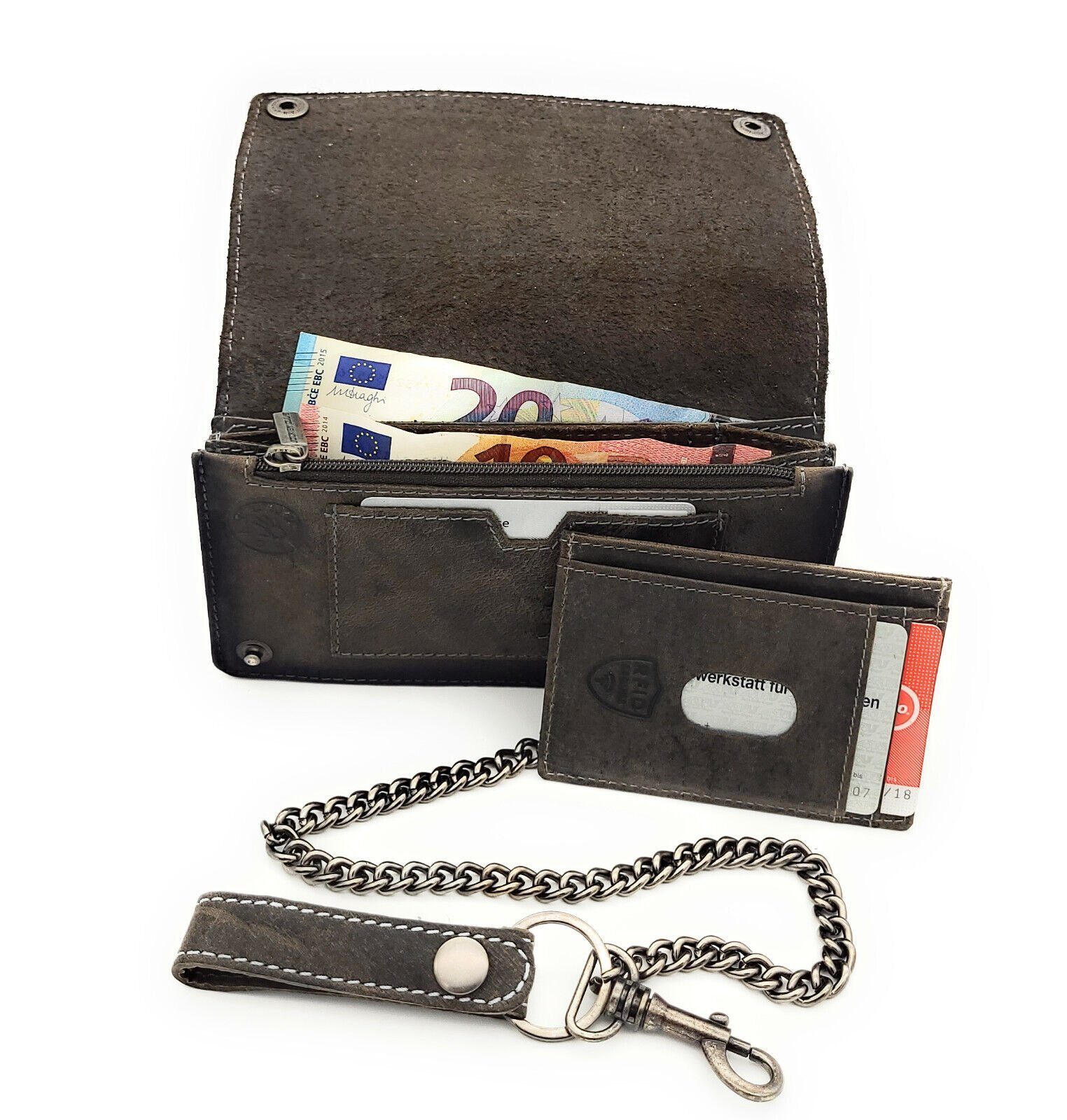 JOCKEY CLUB Geldbörse echt Leder flach RFID gearbeitet, Schutz, mit herausnehmbares Portemonnaie Sicherheitskette, Etui Biker mit