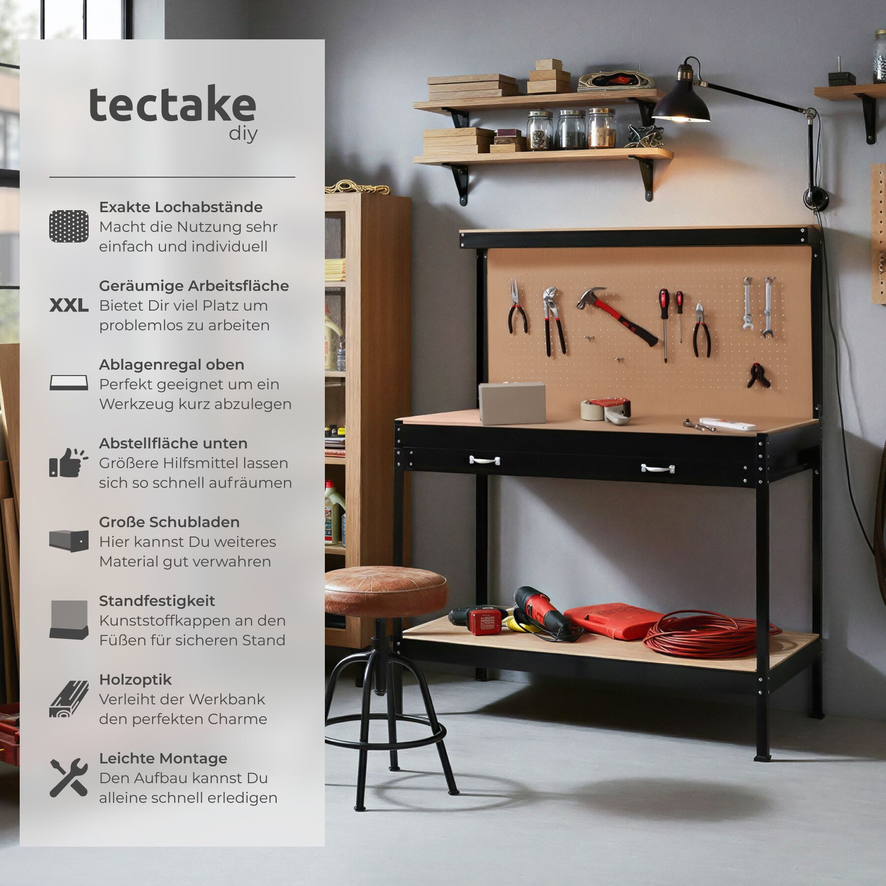 tectake Werkbank Werktisch mit Lochwand, große Schublade, 120 x 60 x 156 cm, (Werkzeugwand), 12 Haken, 2 Ablagen, Kunststoffkappen an den Füßen – Bild 2 von 5