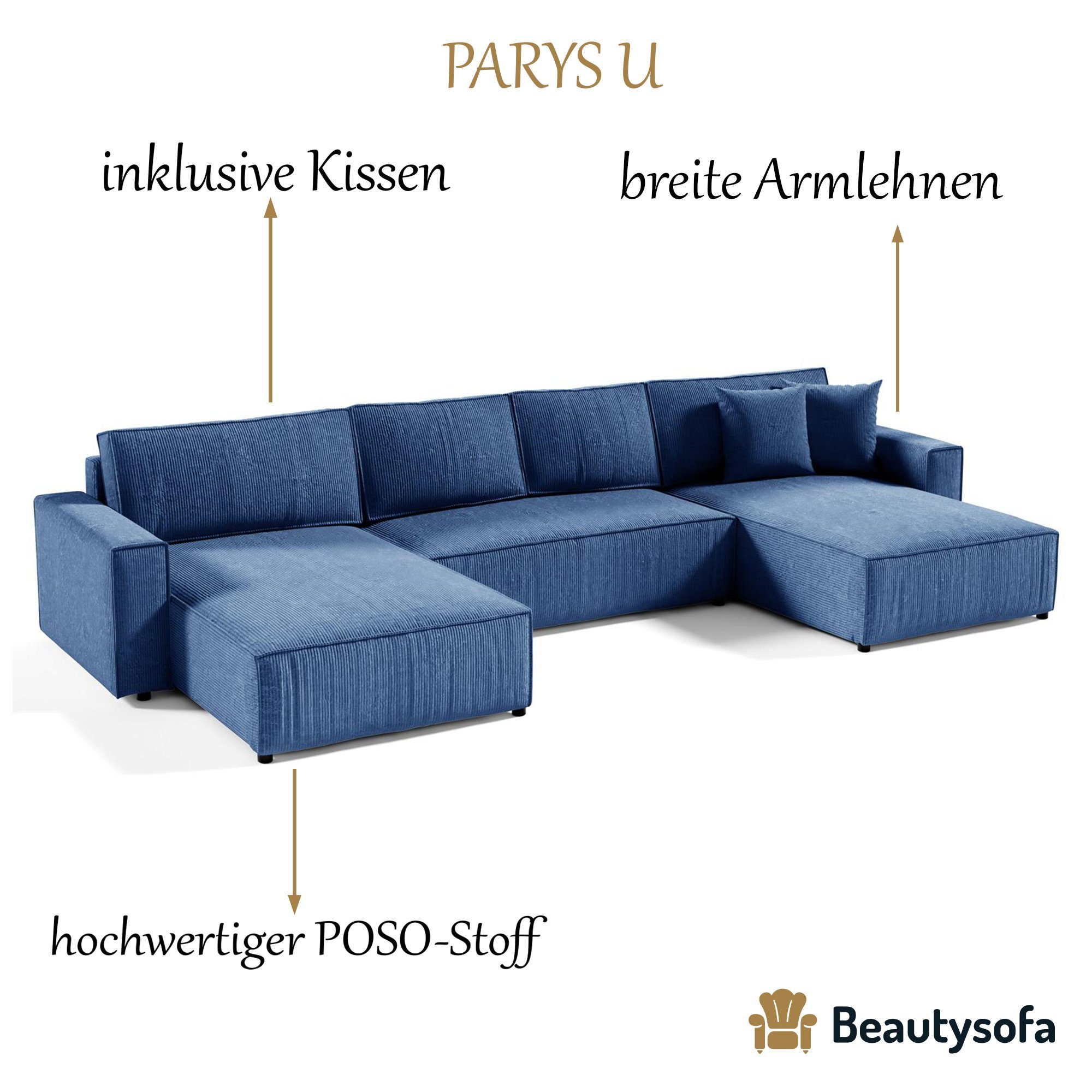 cm Marineblau Polsterecke U, Ecksofa u-förmig Schlaffunktion, XXL, universelle Parys Beautysofa mit Bettkasten, 05) mane (poso Ecke, 390