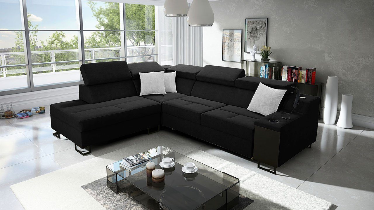 MIRJAN24 Ecksofa Alicante VII, mit Bettkasten und Schlaffunktion, Einstellbare Kopfstützen, USB-Anschluss, Barfach, Lampe Uttario Velvet 2980 + Uttario Velvet 2980 + Uttario Velvet 2973