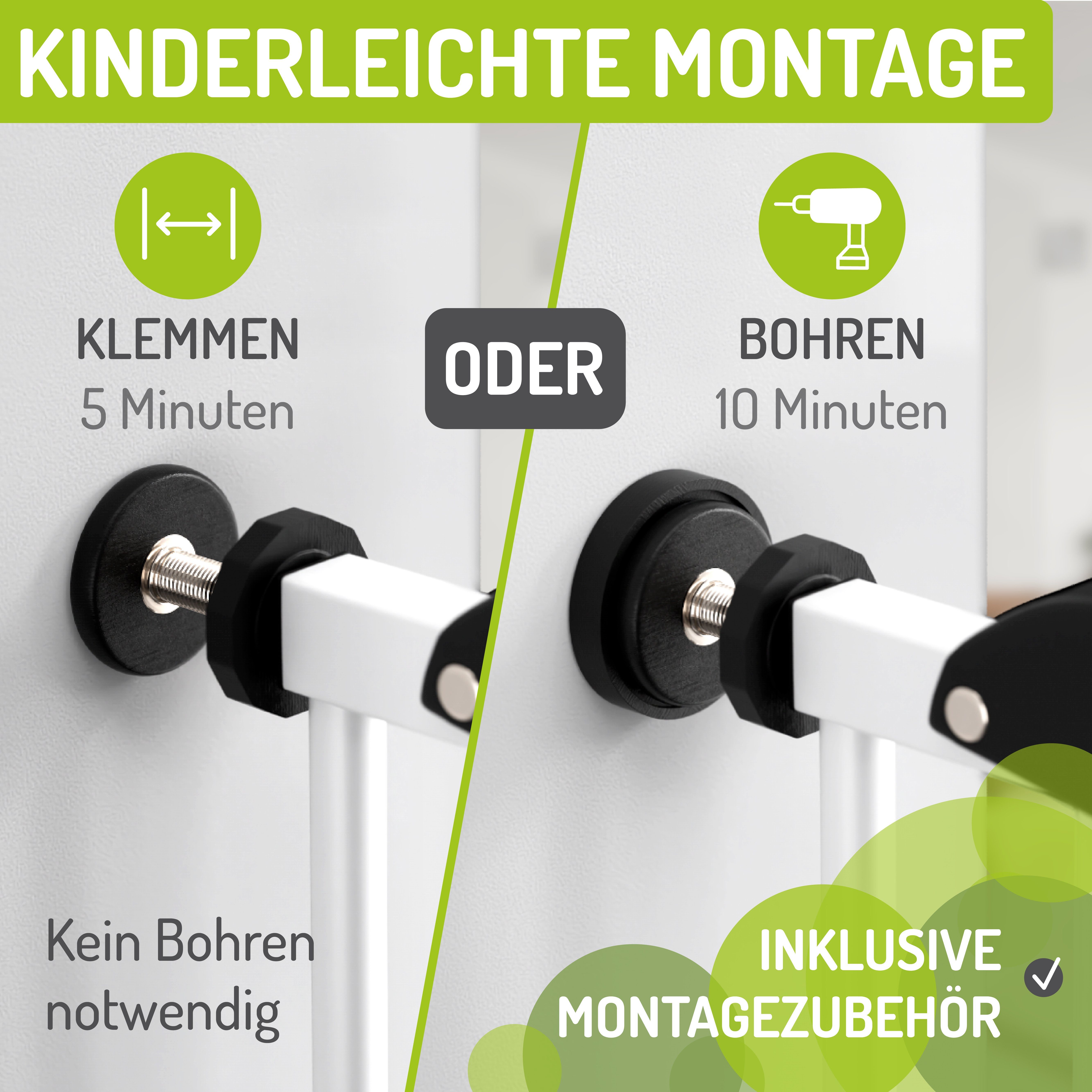 BOMI Türschutzgitter Kinderschutzgitter extra hoch, ohne Bohren, Mira 73-161 cm (Hundegitter & Kindergitter klemmbar, weiß, Metall), Treppenschutzgitter mit 90° – Bild 4 von 5
