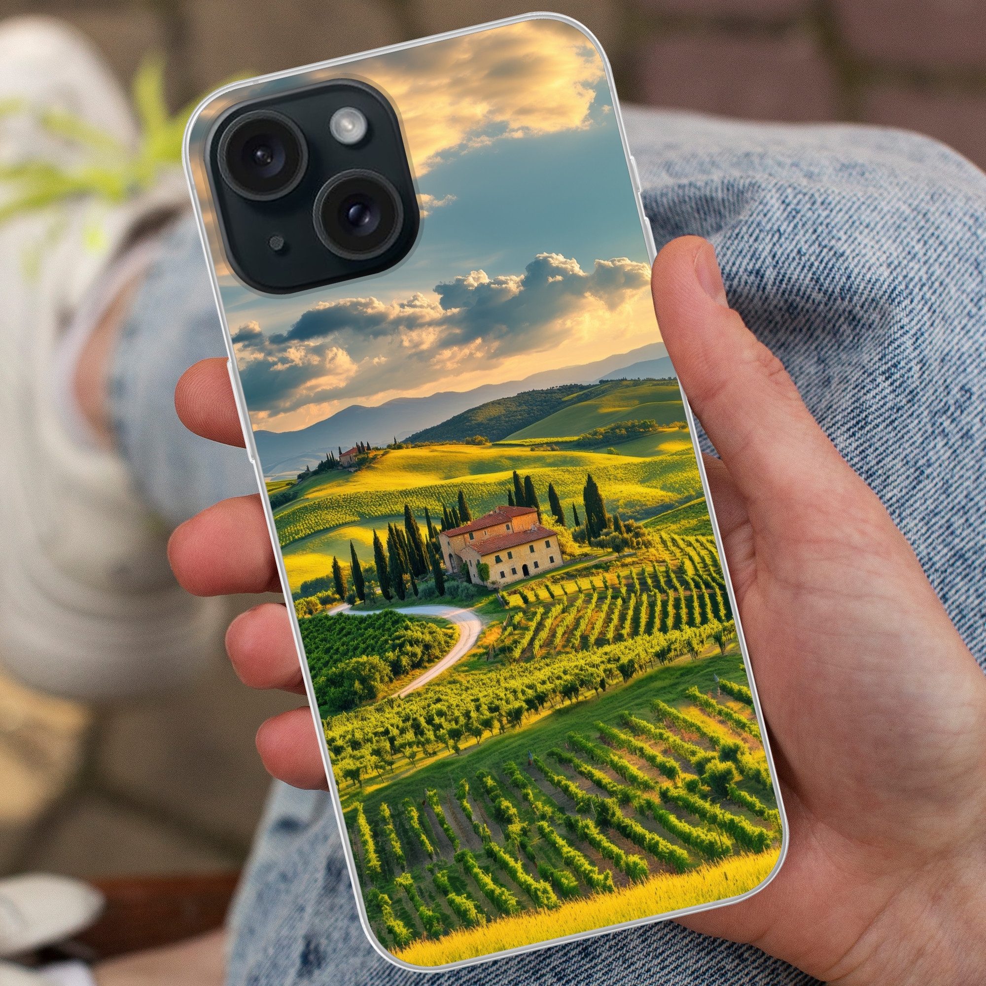 MuchoWow Handyhülle für Apple iPhone 15 Toskana - Landschaft - Weinberge, Smartphone-Bumper, Print, Handy Schutzhülle Dünn