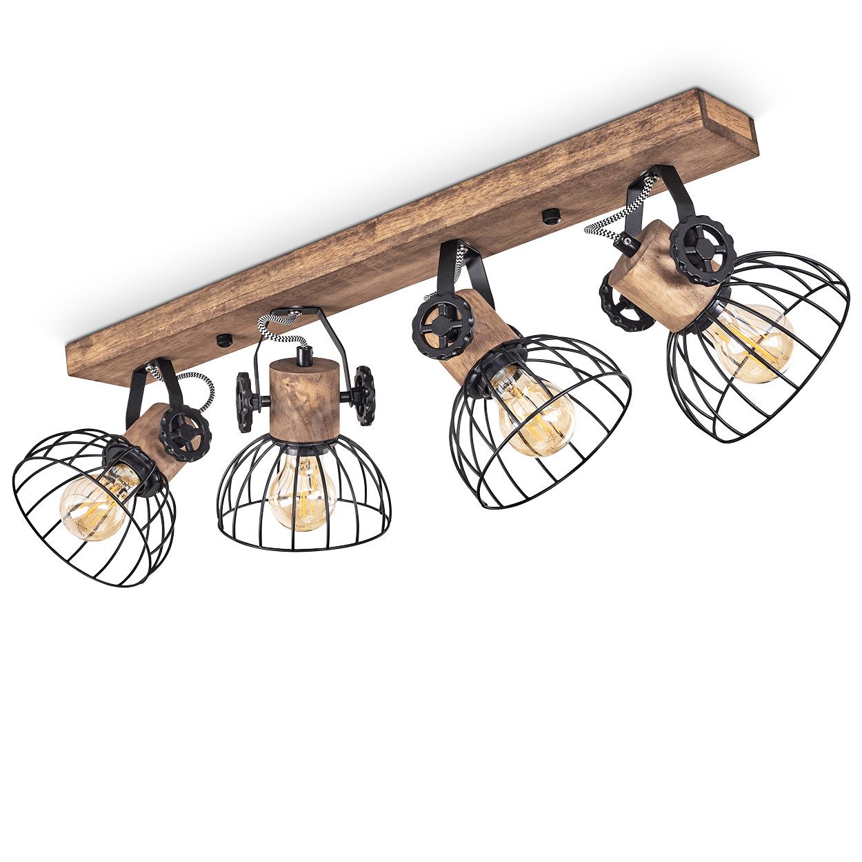 hofstein Deckenleuchte »Cotes« Deckenlampe, Holz/Metall, Braun/Schwarz Schirme, Gitter-Optik, ohne Leuchtmittel, Leuchte m. Holzbalken, Textilkabeln u. verstellbaren Strahlern, 4xE27