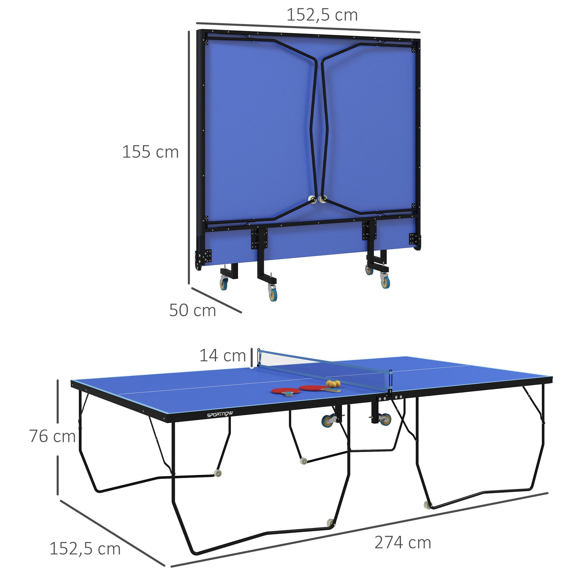 SPORTNOW Tischtennisplatte Tischtennisspiel-Set mit Netz, 2 Tischtennisschlägern und 3 Bällen (Tischtennistisch, 1-tlg., mit Rollen), 274 x 152,5 x 76, Blau