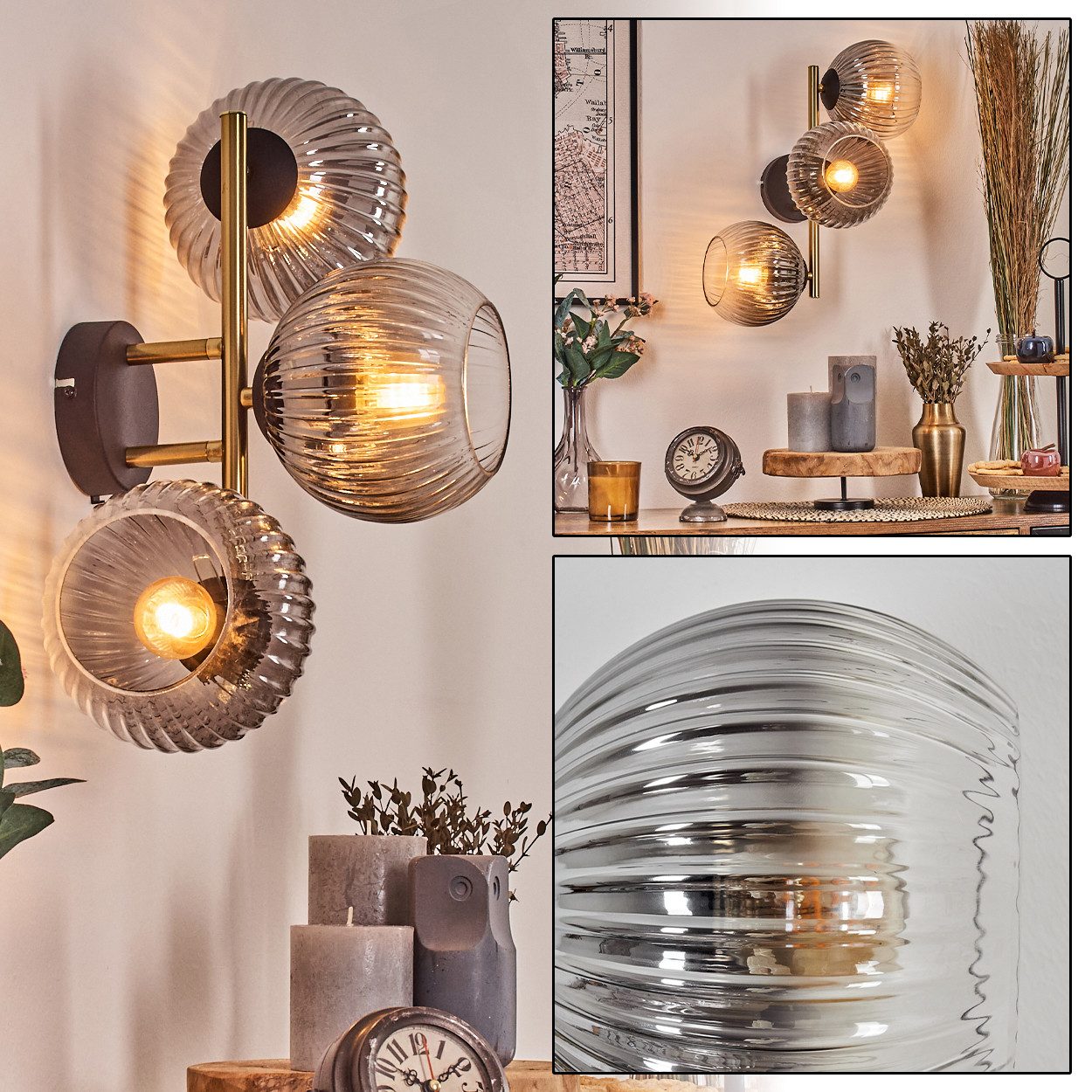 hofstein Wandleuchte Wandlampe aus Metall/Riffelglas in Schwarz/Gold-/Rauchfarben/Klar, moderne Wandleuchte im Retro/Vintage-Design (Schirme 15 cm), E14