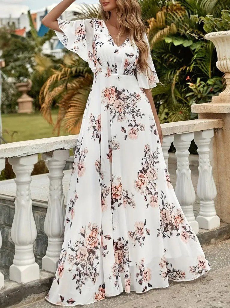 Moda Yakamoz Minikleid JANE'S Damen Blumen V-Ausschnitt Kurzarm Supreme Kle günstig online kaufen