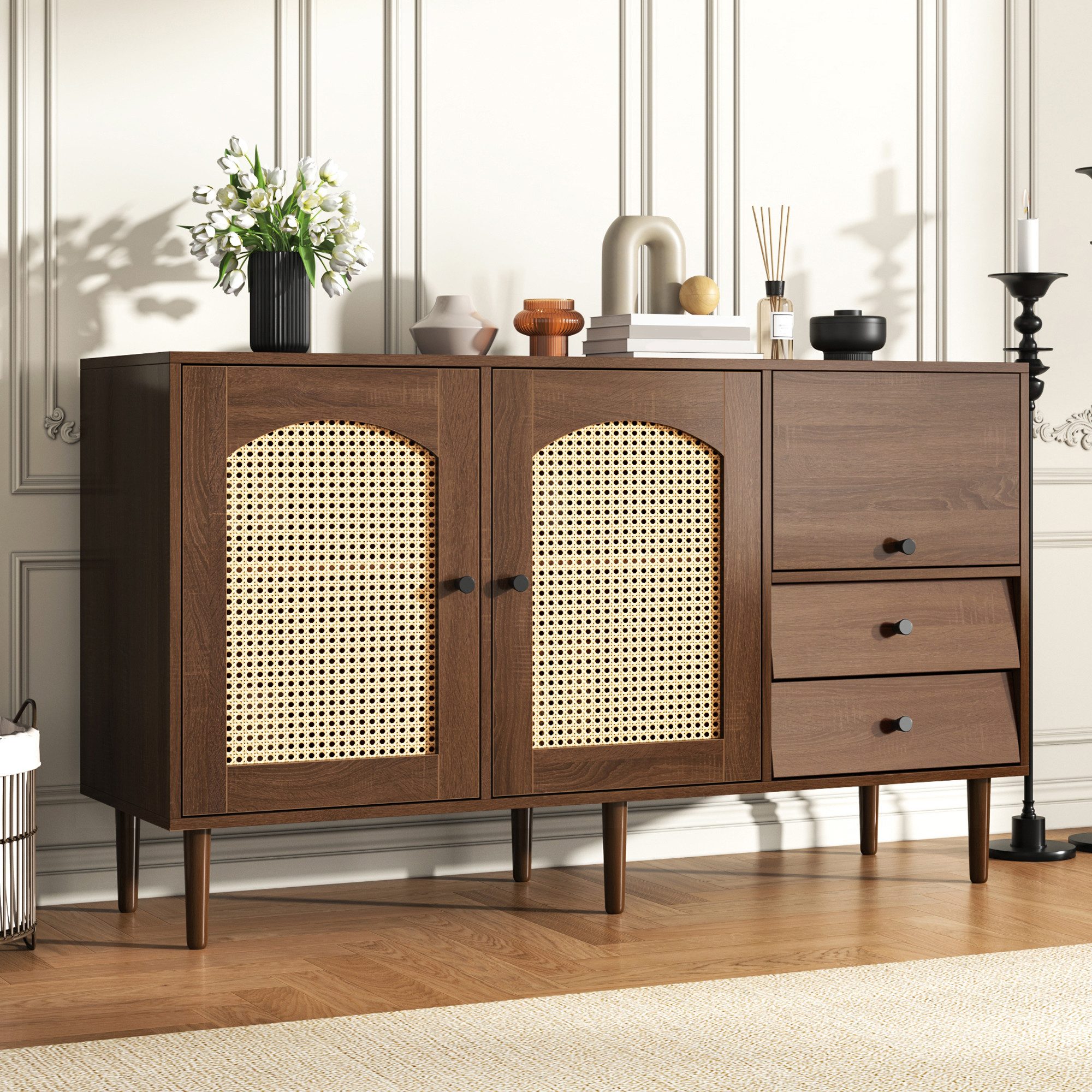 Merax Sideboard Buffet Rattan mit 3 Türen und 2 Schubladen, Antik,Landhaus Stil, Kommode aus Holz und Rattan,B/H/T:130/76/41 cm