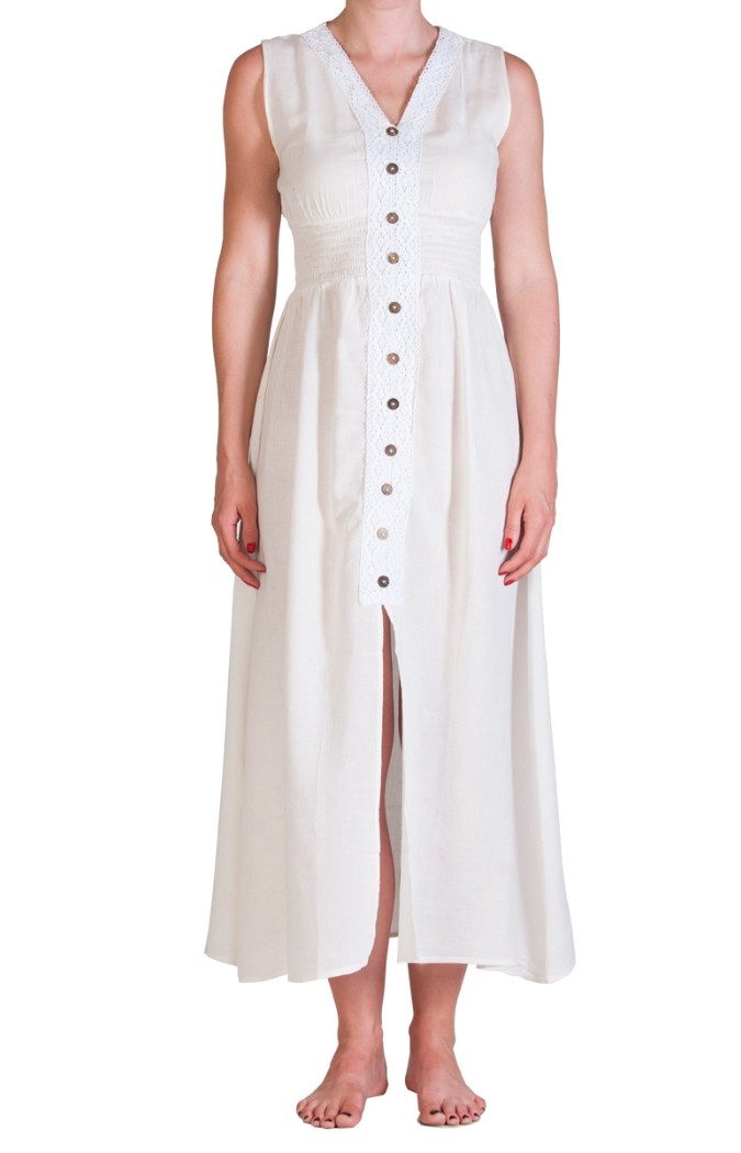 PANASIAM Tunikakleid Langes einfarbiges Sommerkleid im Rücken gerafft Onesize Gr. S und M Langes Kleid aus feiner Baumwolle auch als Strandkleid gesmoked