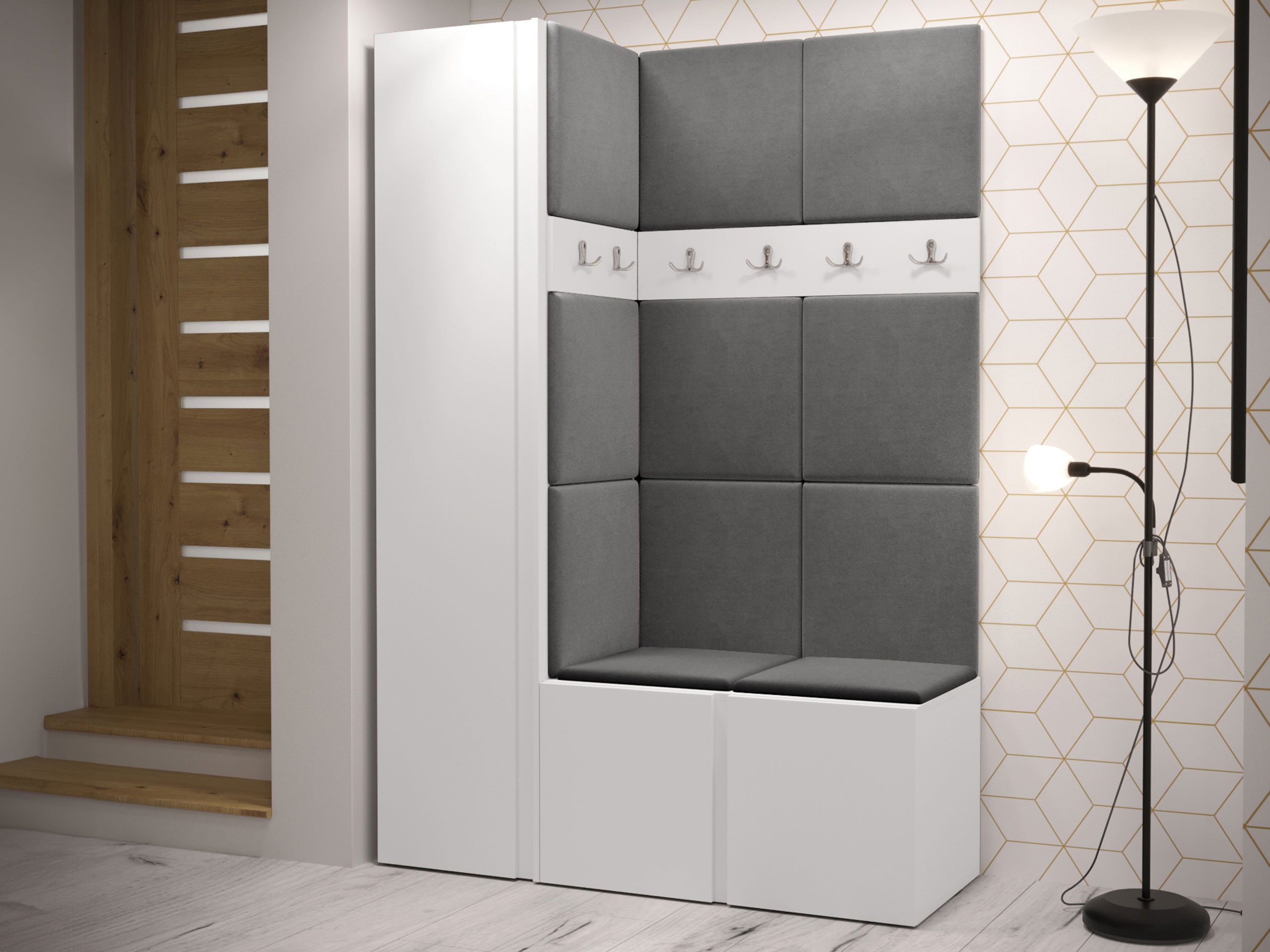 MIRJAN24 Garderoben-Set Orion IX, (Komplett-Set, mit Schuhschrank, Schrank, 2x Kleiderhakenbrett, Paneel 11x 42x42), Auswahl aus Fronten und Polsterplatten