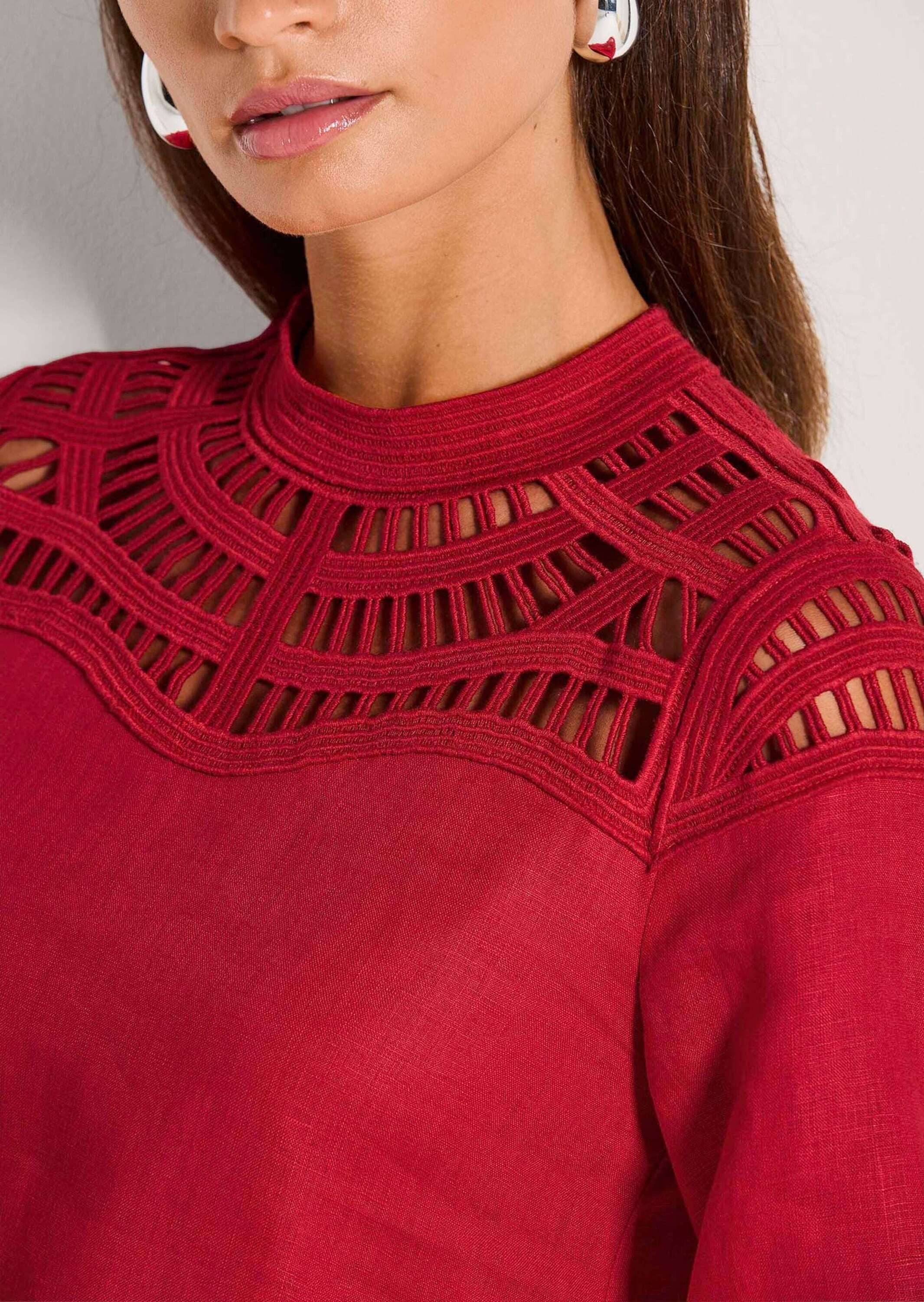 MADELEINE Midikleid Sommerkleid aus Naturgarn und Spitze Leinenkleid mit Stehkragen, Knopfverschluss und langen Ärmeln