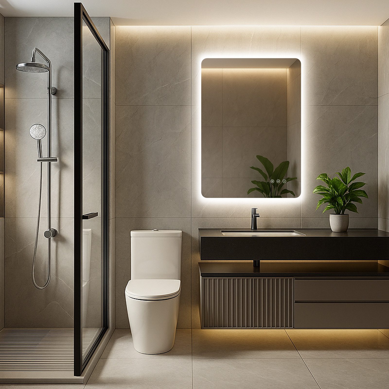 PESENXAN Badspiegel mit Beleuchtung, LED Badezimmerspiegel mit 3 Lichtfarben, Dimmbar (1-St), Speicherfunktion, Touch-Schalter, IP44 Wasserdicht, 50x70cm