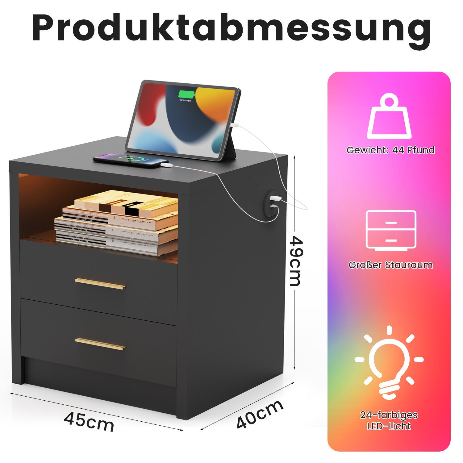 oyajia Nachttisch Nachtschrank mit 2/3 Schubladen, Beistelltisch mit Ladestation und LED (1-st RGB Nachttisch mit Schubladen und Ladestation), Nachttisch mit Sc – Bild 4 von 5