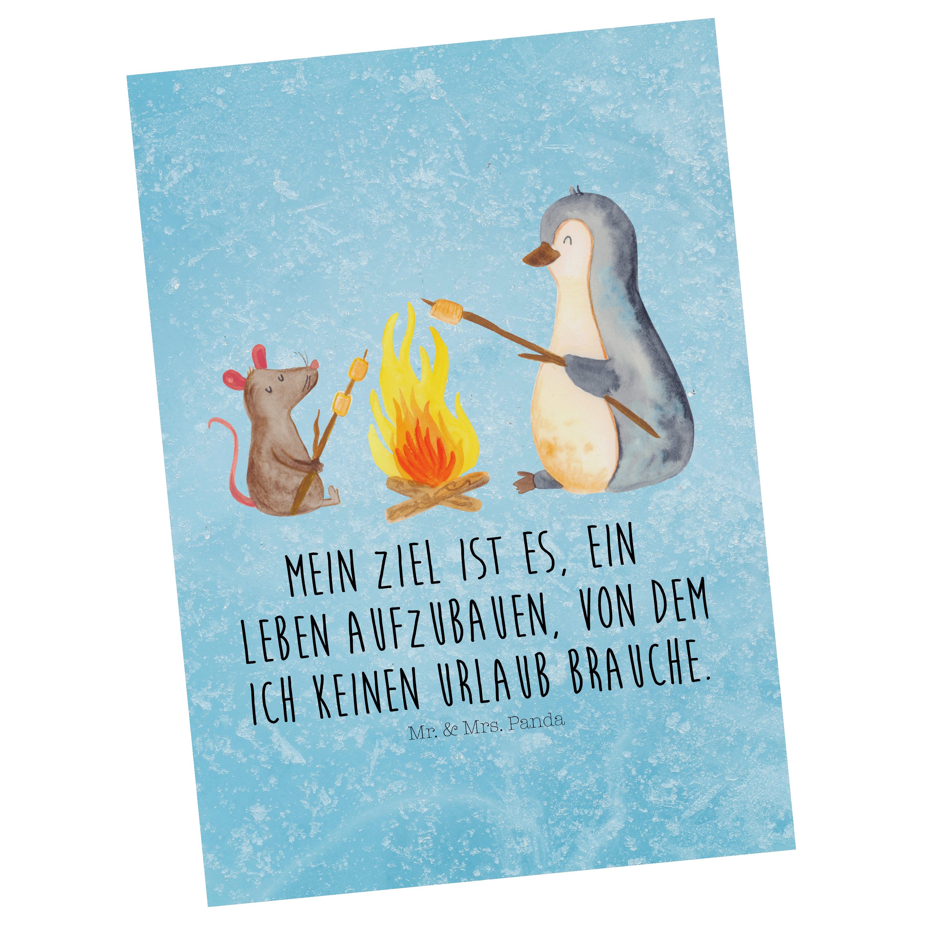 Mr. & Mrs. Panda Eisblau Ansichtskarte, Postkarte Geschenk, Lagerfeuer Einladu - Pinguin Büro, 