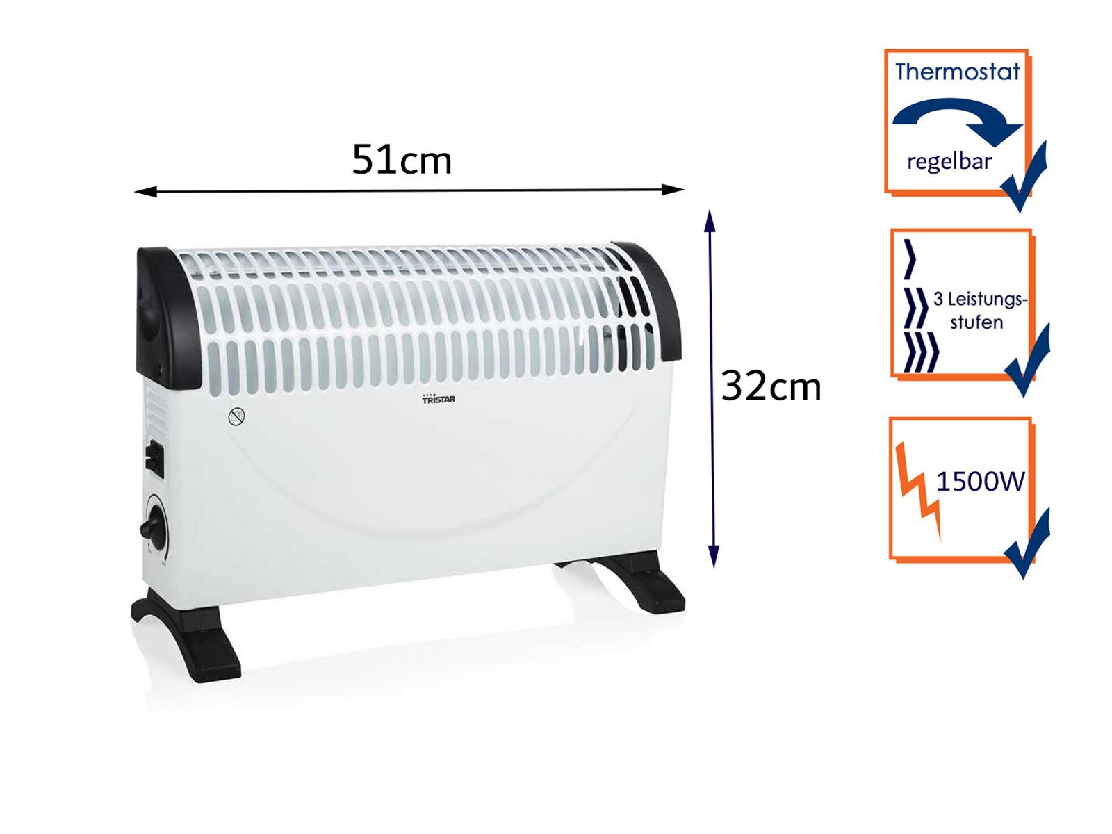 Tristar Konvektor, 1500 W, Zusatz-Heizung Elektroheizer mobiles Heizgerät Heizkonvektor für 20m² | Konvektoren