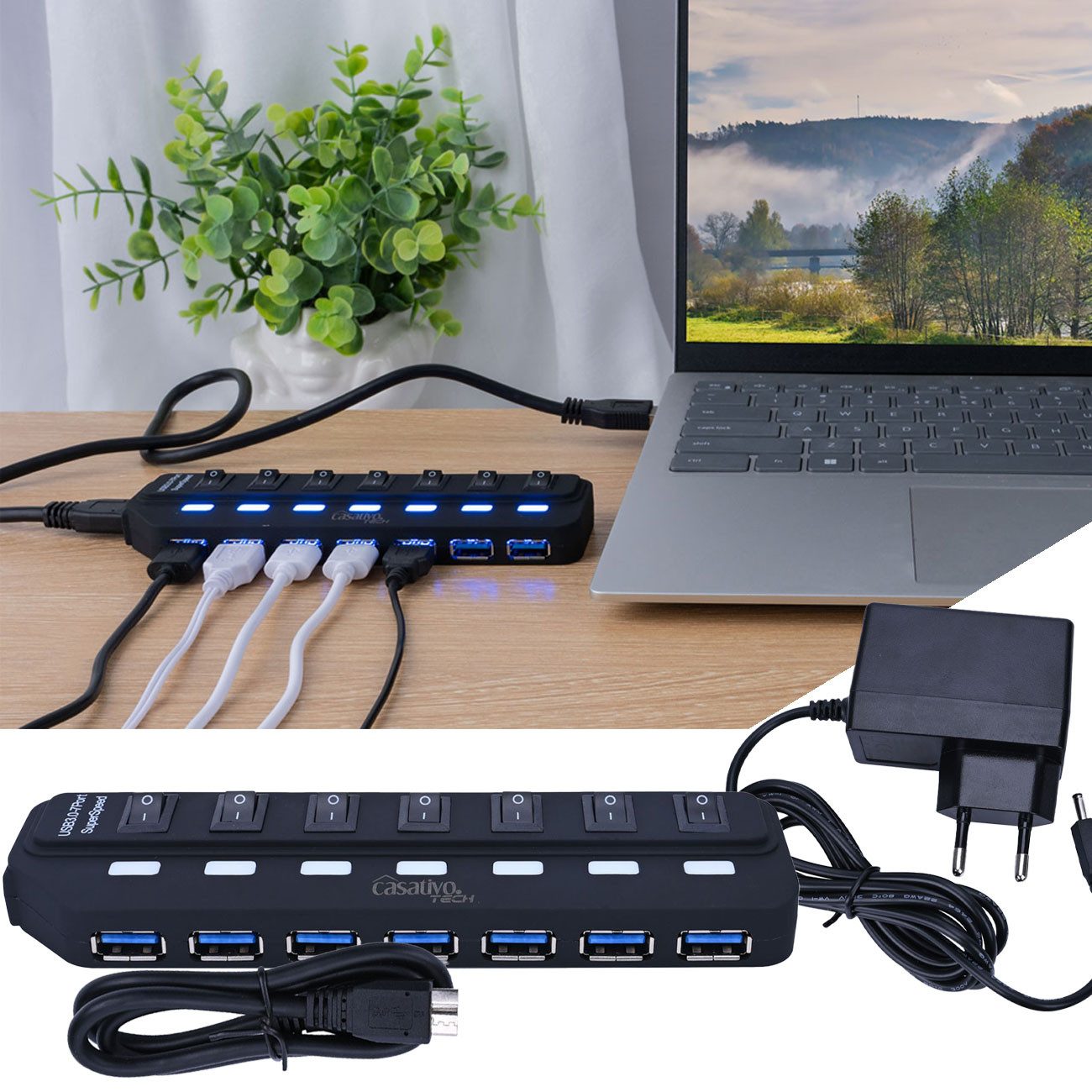 Casativo USB-Verteiler USB 3.0 Hub aktiv 7-fach USB Verteiler mit Netzteil bis 900 mA/Port, 7 Ports einzeln schaltbar/Aktiver Betrieb-Netzteil/ 5 GBit/s USB 3.0