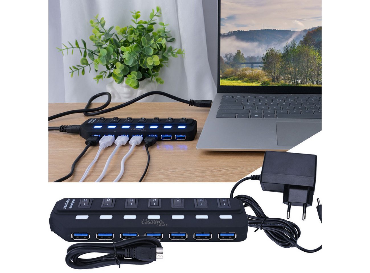 Casativo USB-Verteiler USB 3.0 Hub aktiv 7-fach USB Verteiler mit Netzteil bis 900 mA/Port, 7 Ports einzeln schaltbar/Aktiver Betrieb-Netzteil/ 5 GBit/s USB 3.0