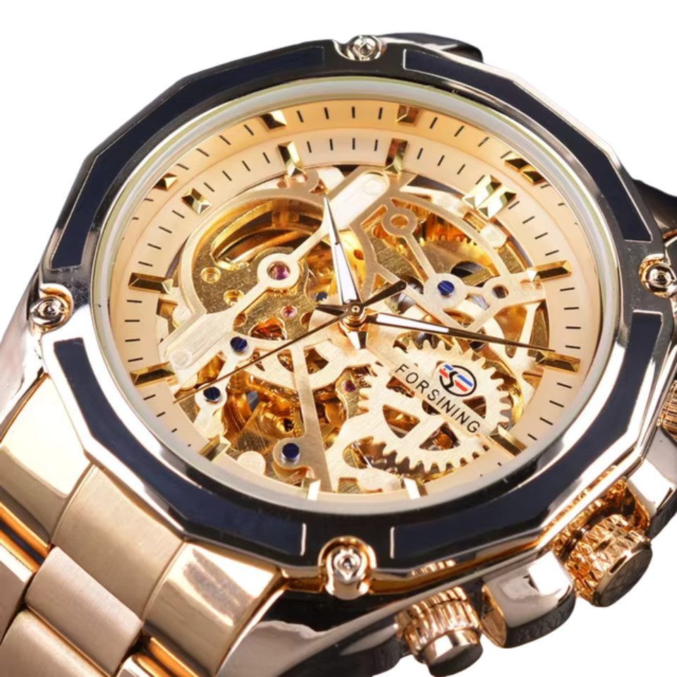 Rötting Design Automatikuhr Herrenuhr Armbanduhr Marke Forsining goldfarbenes Ziffernblatt, (inkl. Uhrenschatulle, auch zum Verschenken geeignet), Edelstahl, Skelett