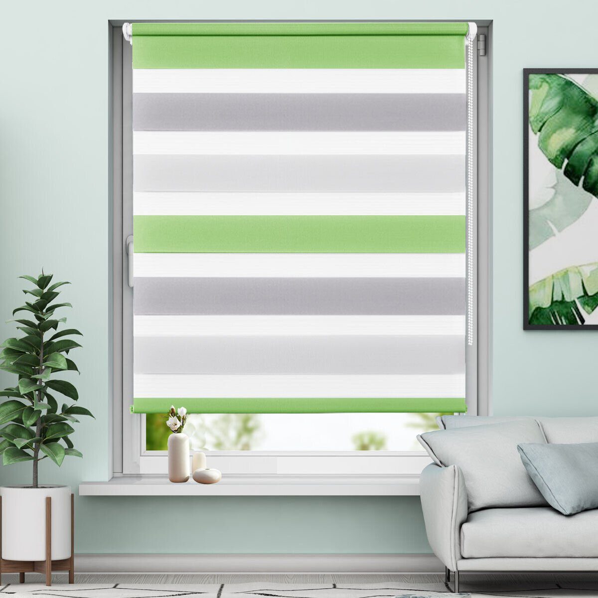 Doppelrollo Ohne Bohren, Grau/Grün/Grün-Grau-Weiß, OUBO, freihängend, verspannt, Klemmträger,klemmfix, Lichtschutz schnelle und einfache Montage mit beiliegendem