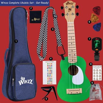 Winzz Konzertgitarre Ukulele Anfänger Set, Kit mit 9 Zubehör, Natürliches Holzdesign, Aquila-Saiten, Tasche & 9-teiliges Zubehörset