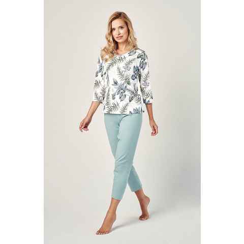 Mademoiselle Sommeil Capri-Pyjama mit 3/4 Arm Oberteil & pastellgrüner Hose (2 tlg) mit floralem Allover-Druck