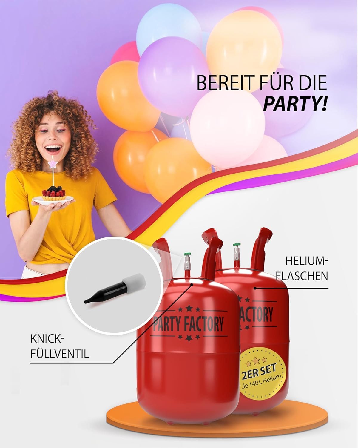 Party Factory Helium Party Factory 2er Set Heliumflaschen für 20 Ballons 140l Gasfüllung, Ballongas, Helium, Heliumgas, Helium Ballongas