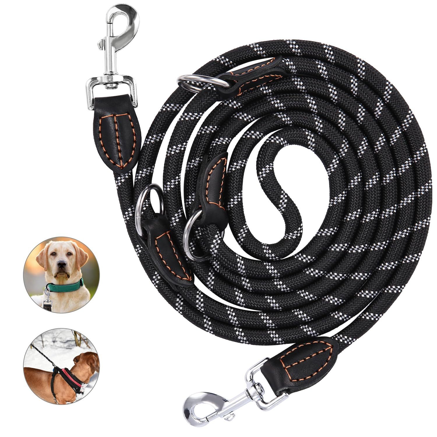 LEAZZLE Hundeleine Verstellbare Hundeleine für große und mittlere Hunde, 3 m lang, Nylon, Doppel-Nylon-Leine mit 2 Karabinerhaken und 3 Ringen, Schwarz