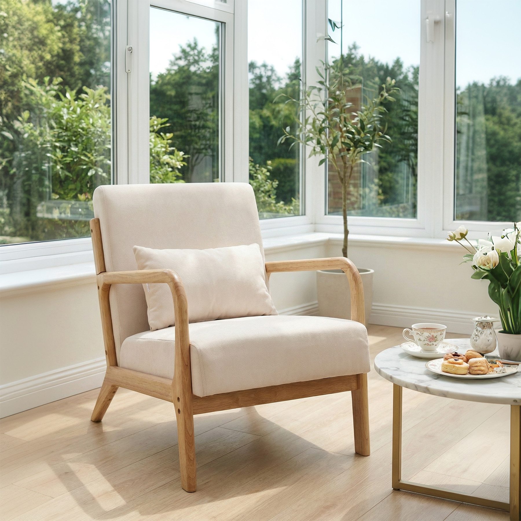 HomeMiYN Sessel Loungesessel Relaxsessel mit Kissen & Armlehnen, bis 120 kg, Relaxsessel Loungesessel – Sessel mit Armlehnen, Vliesstoff und Holz