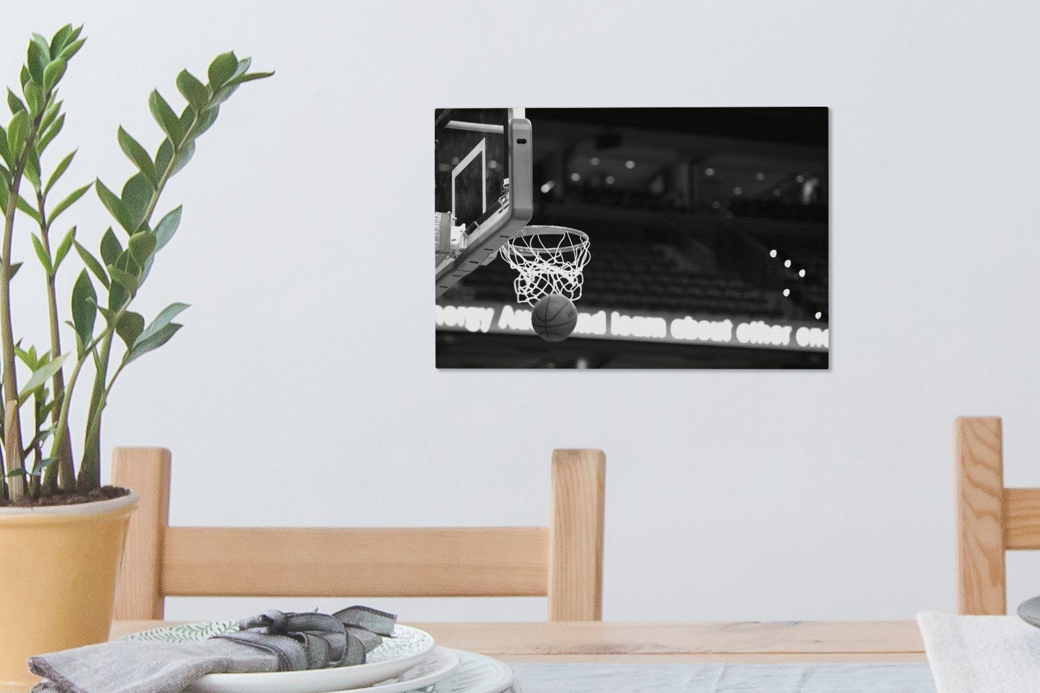 Wandbild cm OneMillionCanvasses® Aufhängefertig, St), Wanddeko, Leinwandbilder, - den 30x20 weiß, Leinwandbild geht und (1 Korb schwarz Basketball durch