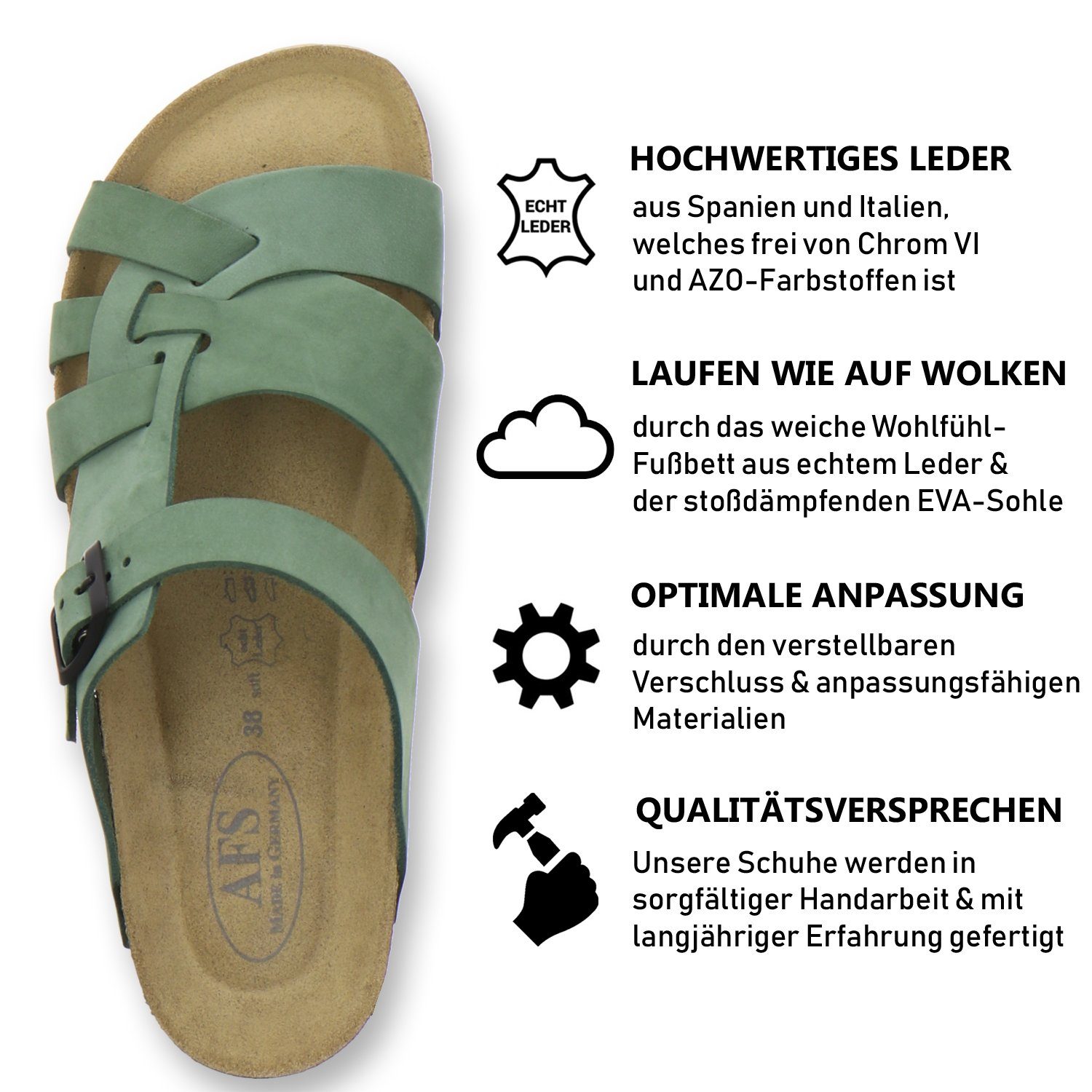 für Damen Germany verde Made mit AFS-Schuhe Fussbett, Leder aus in Nub. Pantolette 2122