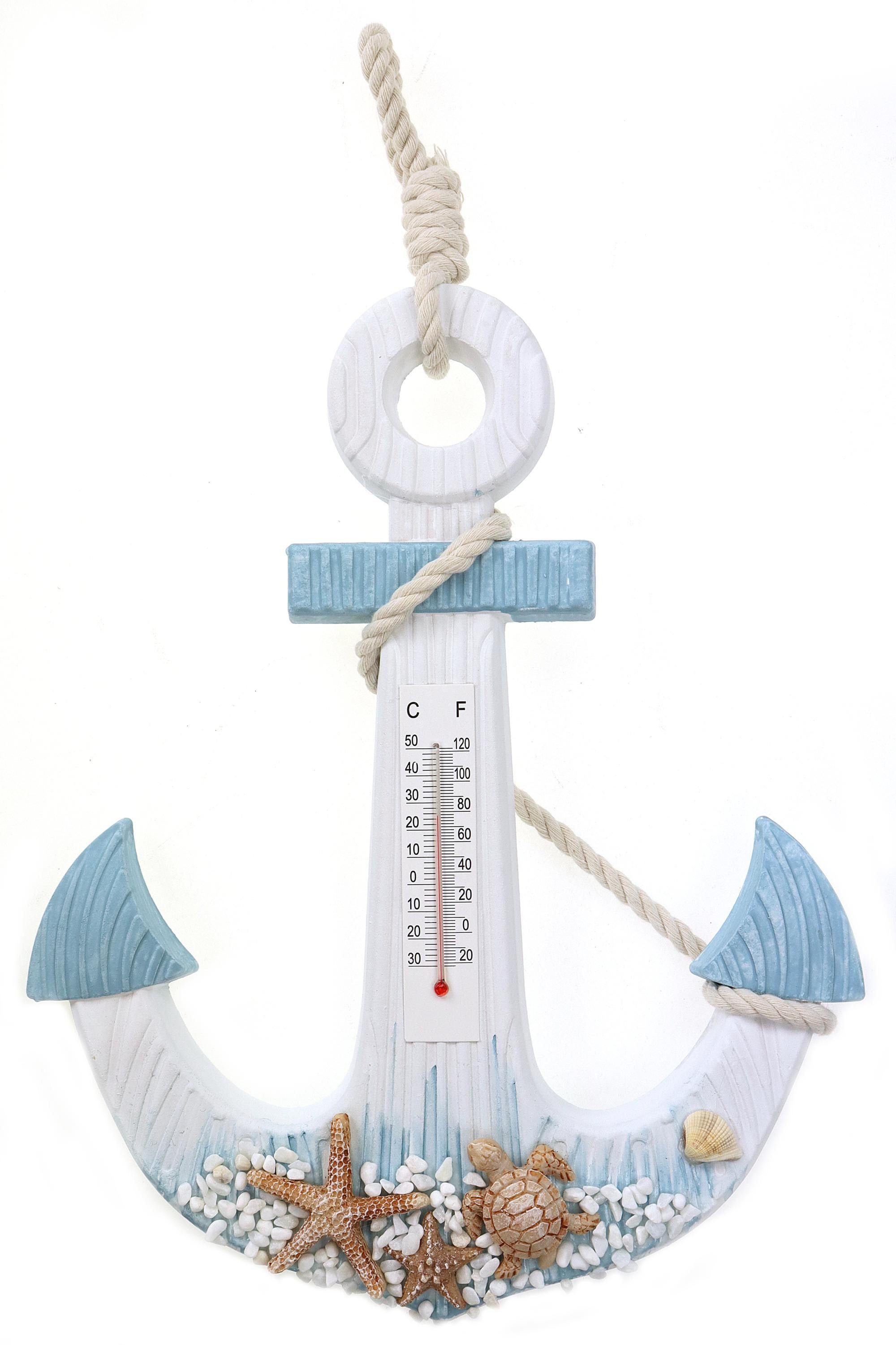 ELLUG Raumthermometer Thermometer als Anker in blau-weiß mit Seestern/Schildkröte aus Holz zum Hängen 31*25*5,5cm