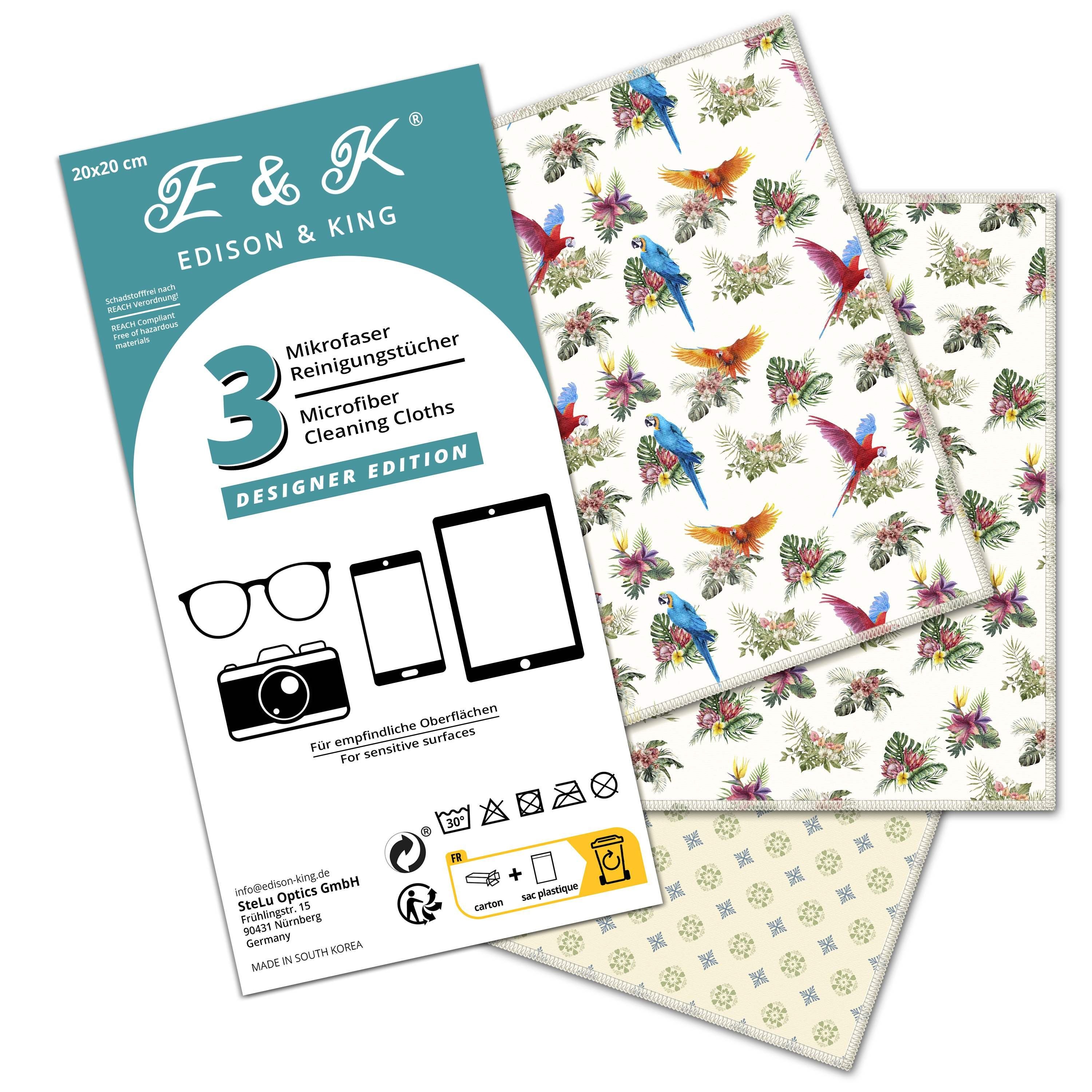 Edison & King Mikrofasertücher mit Motiv Mikrofasertuch (Microfaser, 20x20 cm, 3er Pack, Brillenputztücher mit vernähten Rändern)